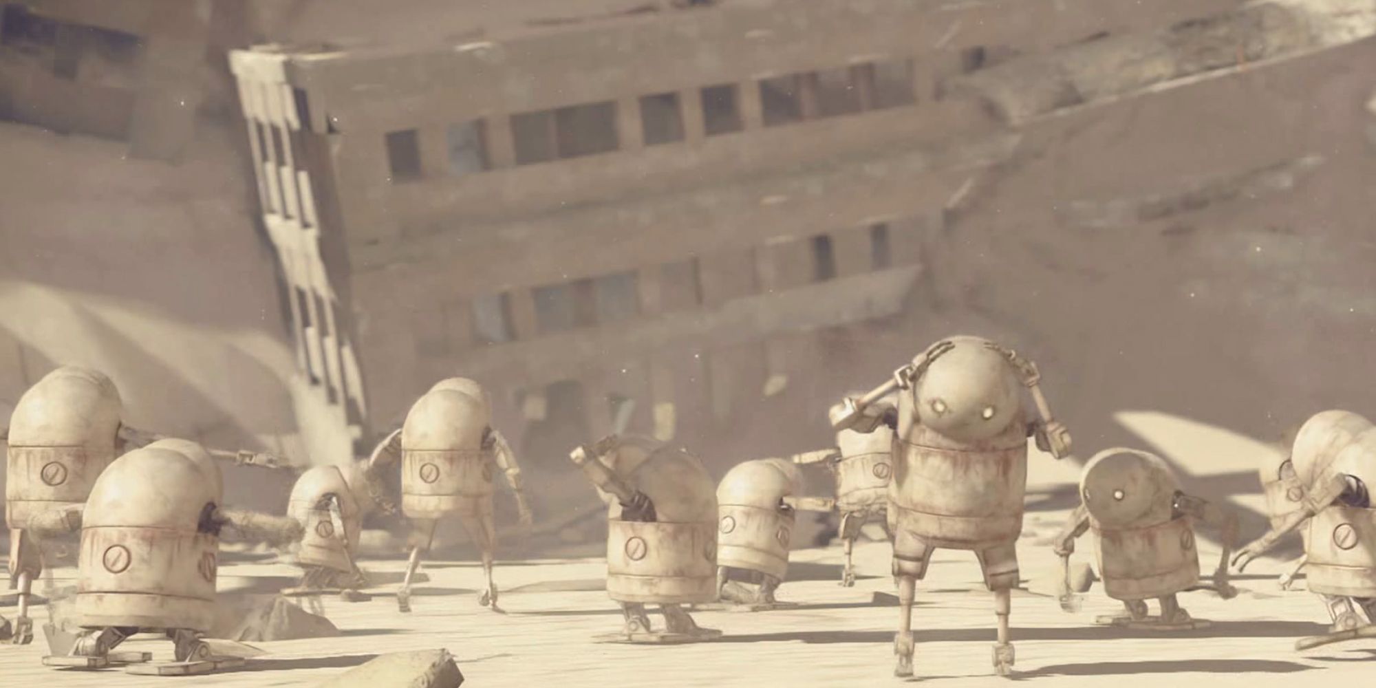 Nier Automata Robots in the Desert City Ruins.