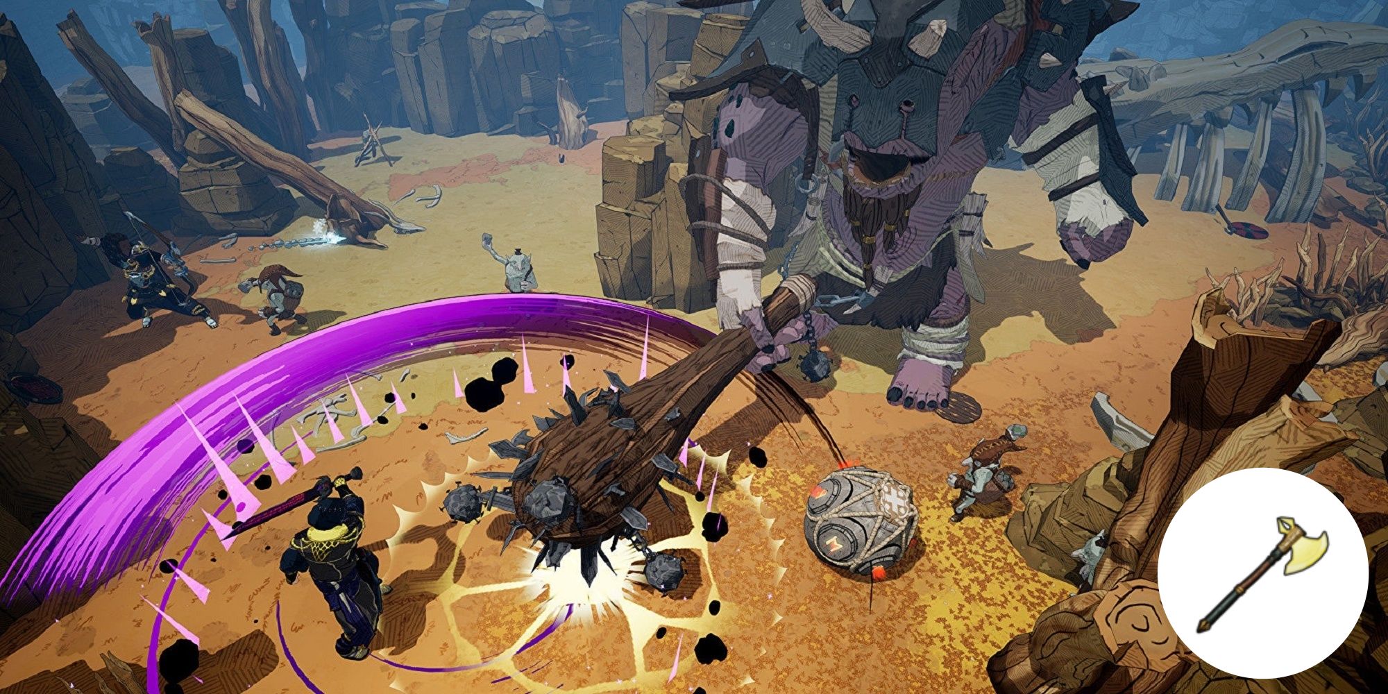 A screenshot of Tribes of Midgard featuring the player fighting a giant wielding a spiky maul in a desert badland.