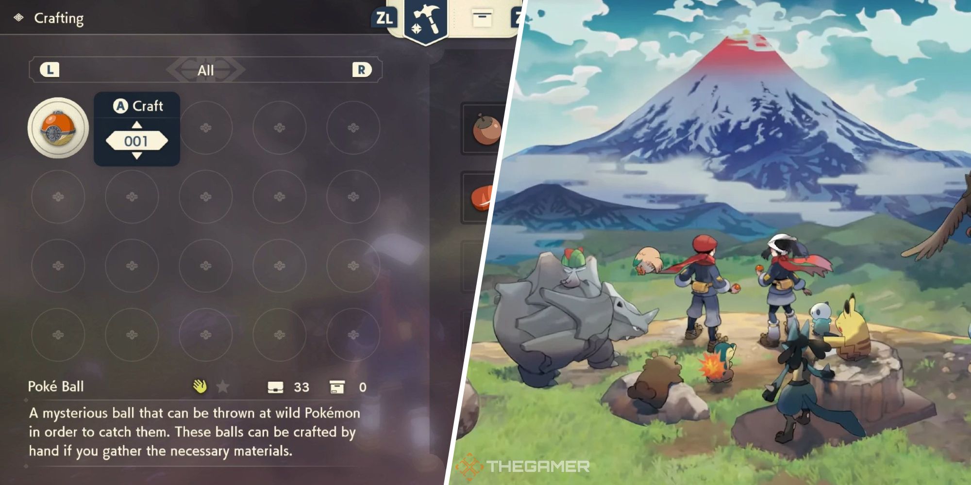 two images - crafting system on the left and two trainers and some Pokemon from Pokemon Legends: Arceus on the right.