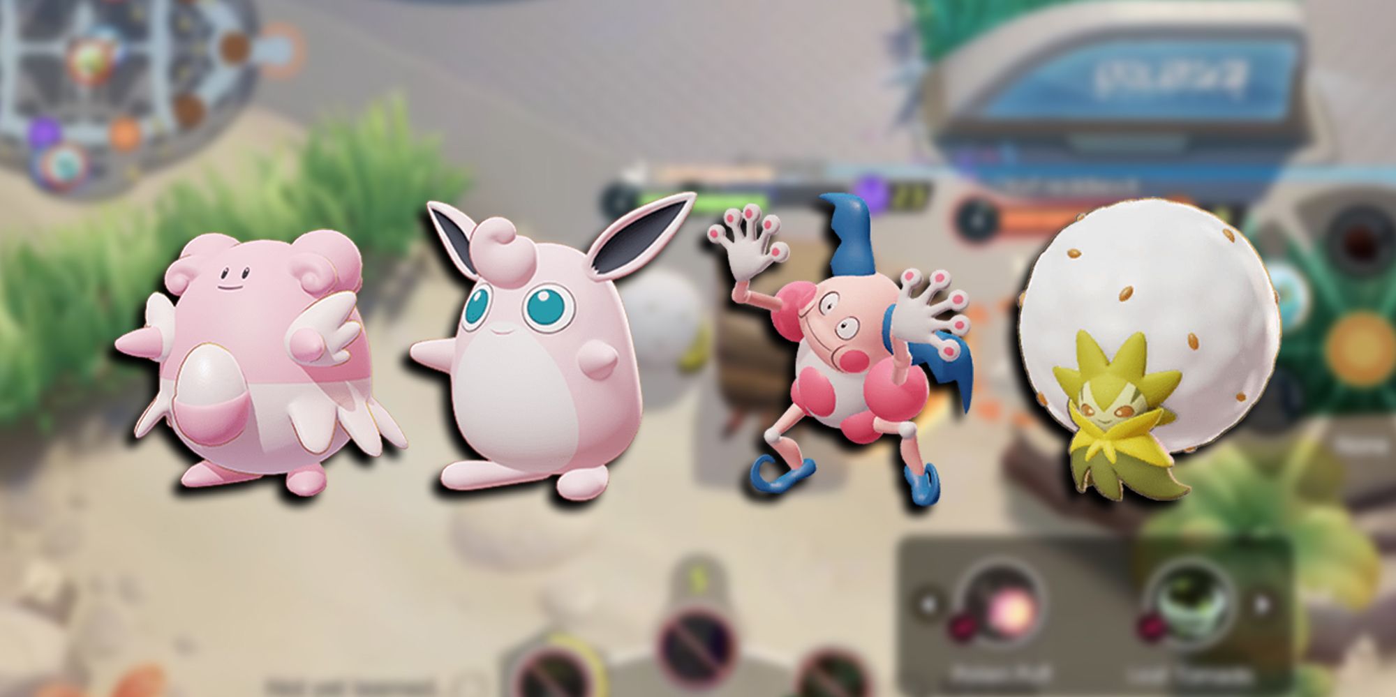 Pokemon Unite - All Four Support Pokemon PNGs Overlaid On Image Of Eldegoss Battling In-Game
