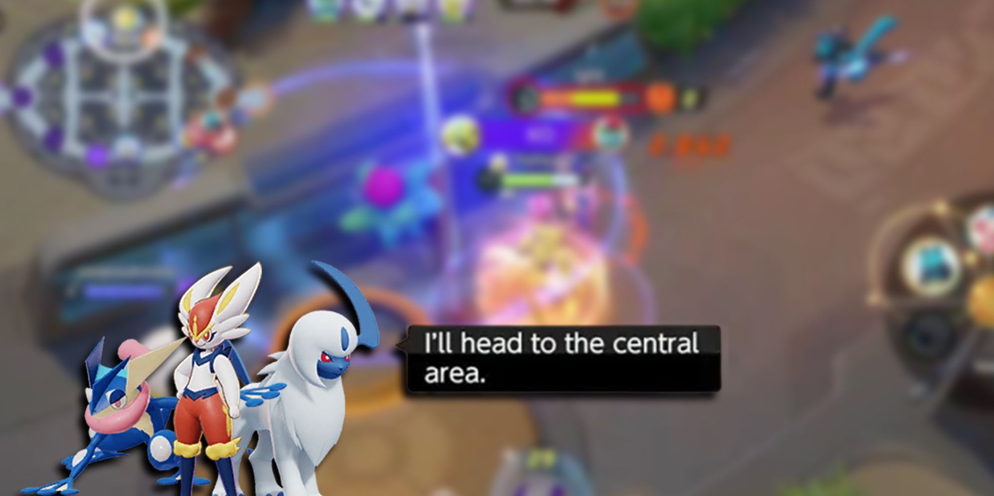 Pokemon Unite - Blurred Image Of A Jungler Ganking A Lane With The Most Commonly Played Jungler Pokemon PNGs Overlaid On Top