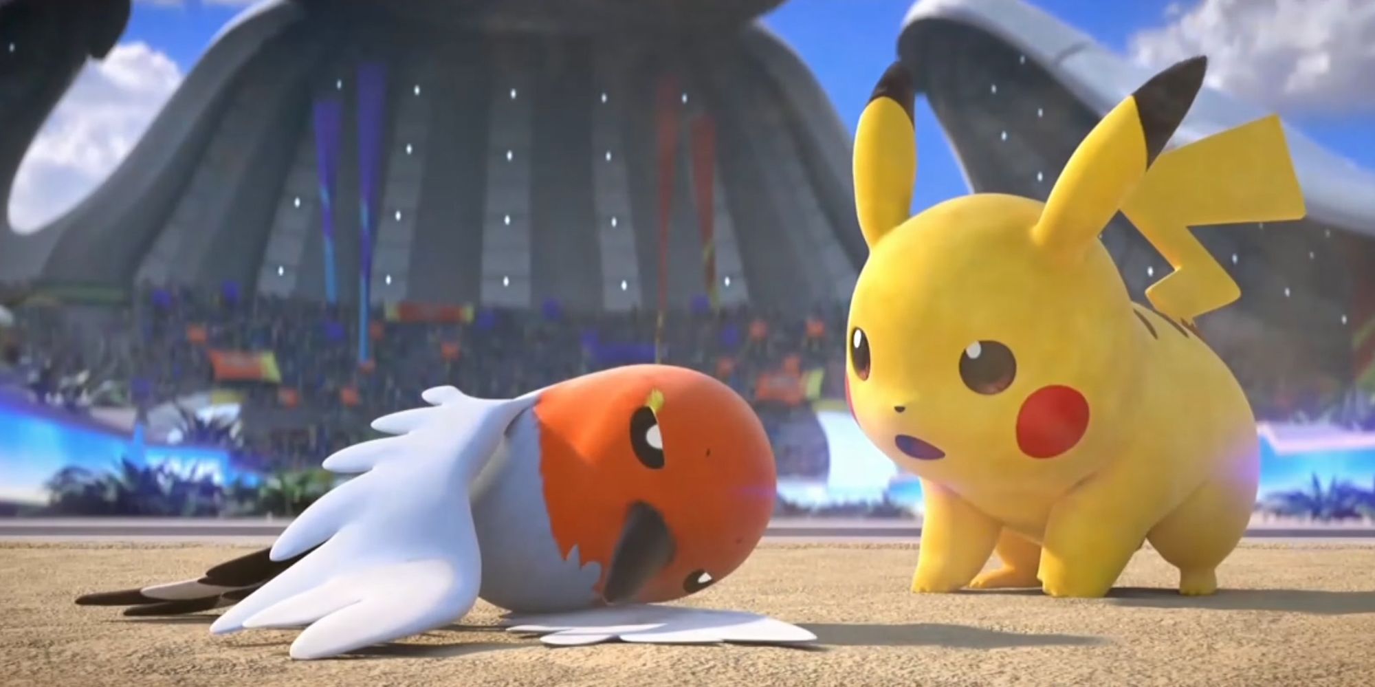 Pokemon Unite - Pikachu Looking At An Injured Fletchling In The Intro Cinematic