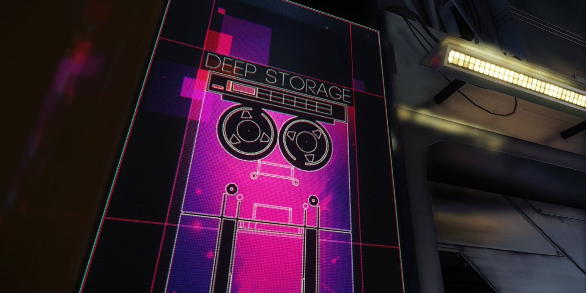 Looking up at purple-pink screen that says Deep Storage