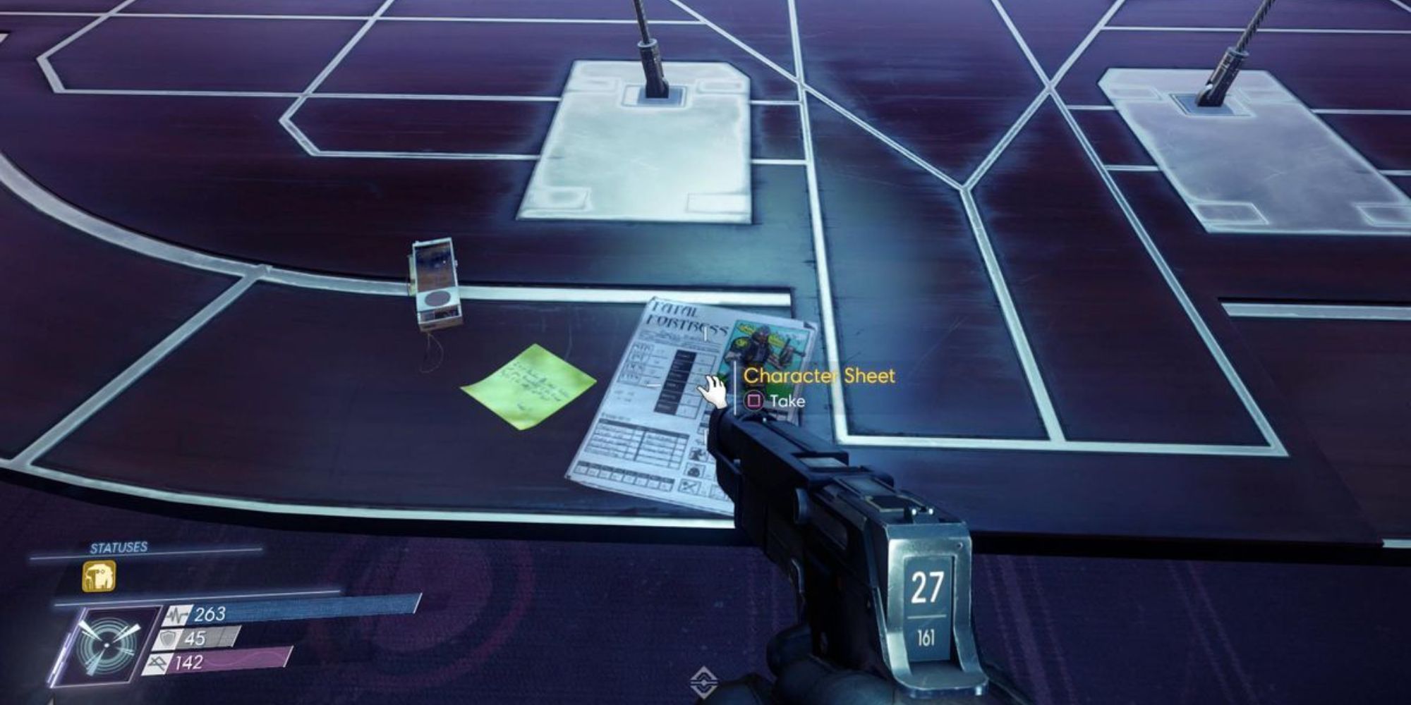 Player looking at character sheet on table next to post-it note