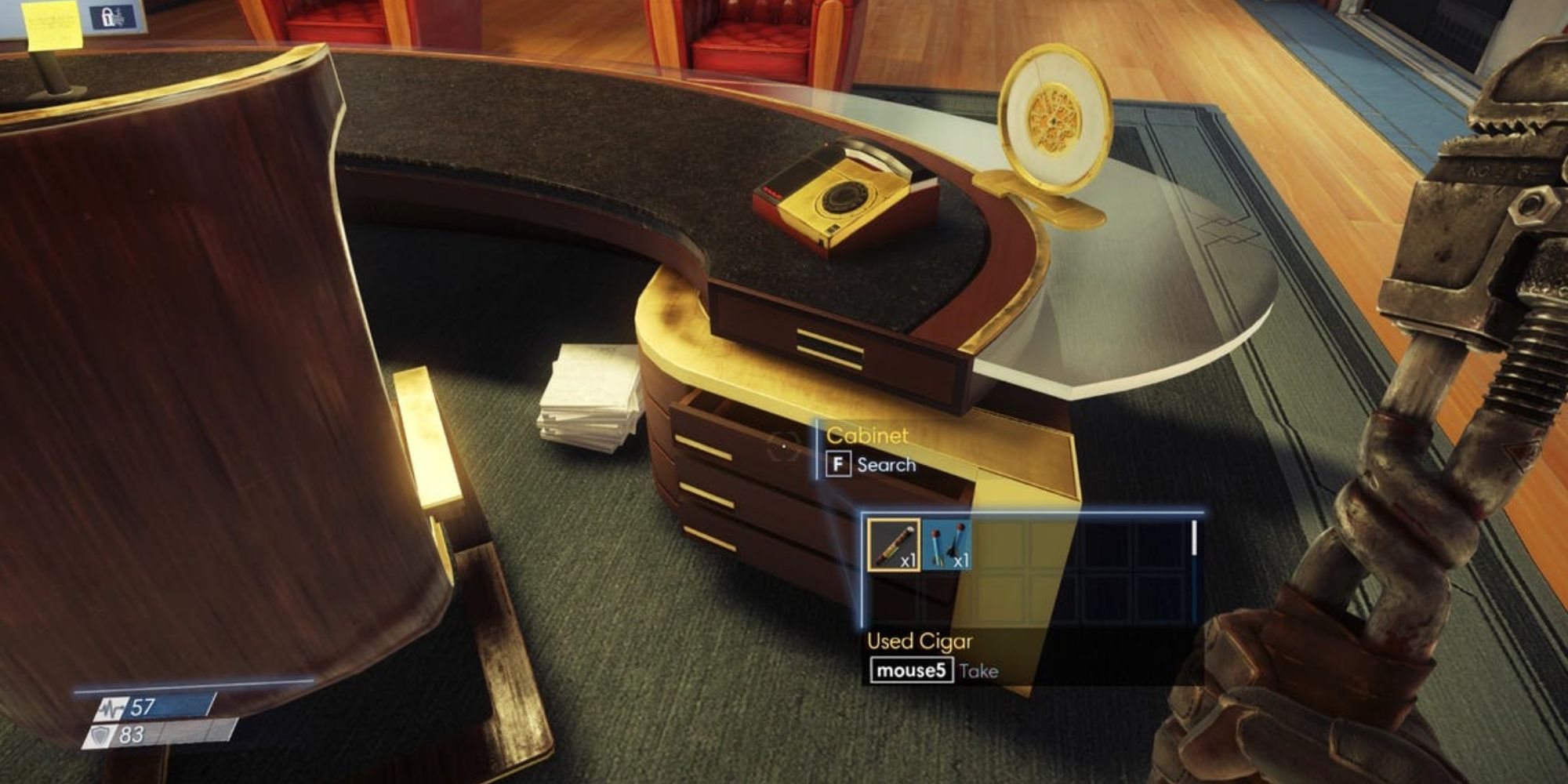 Player Finding Used Cigar In Drawer of a desk in an office room