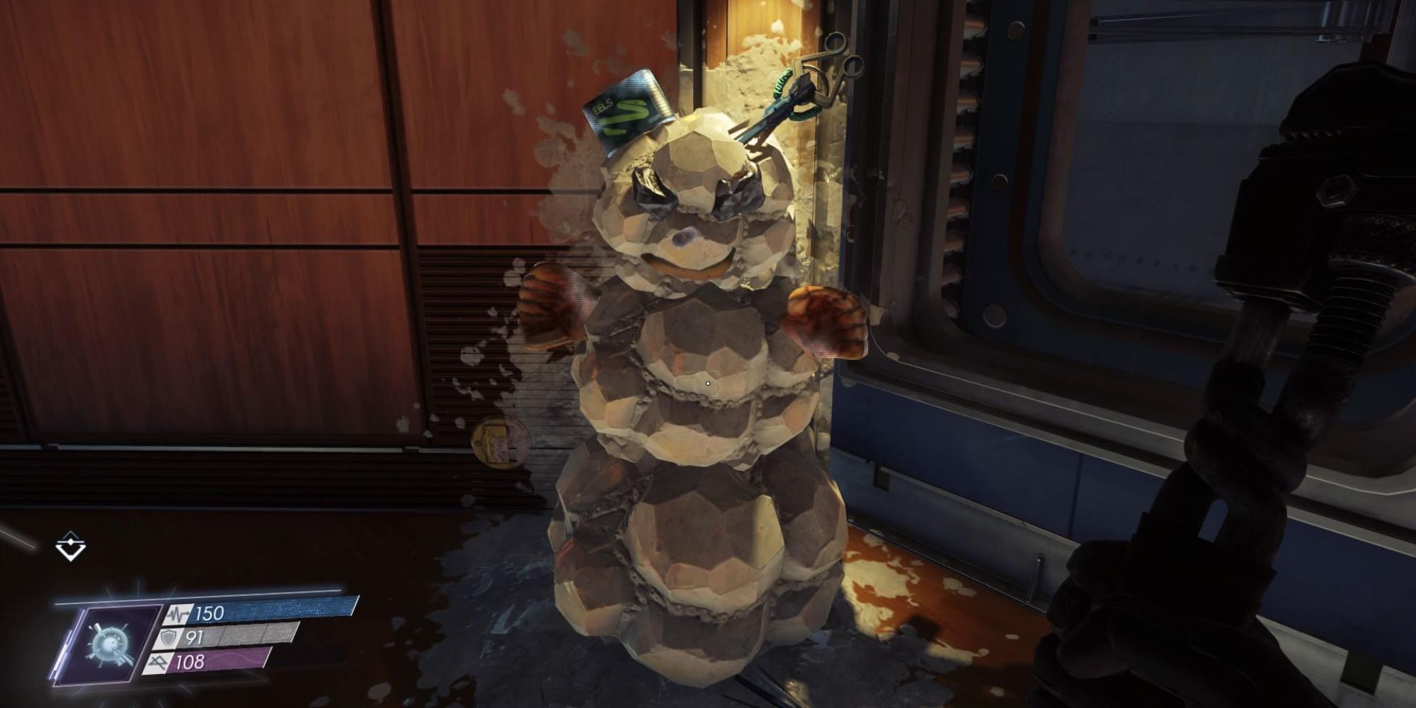 Snowman made of gloo, character holding wrench