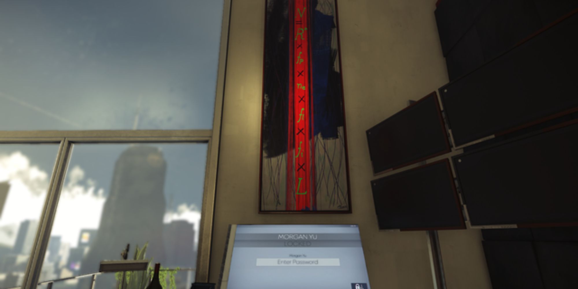 Prey Morgan Yus Apartment With Fermi Paradox Artwork on wall by window