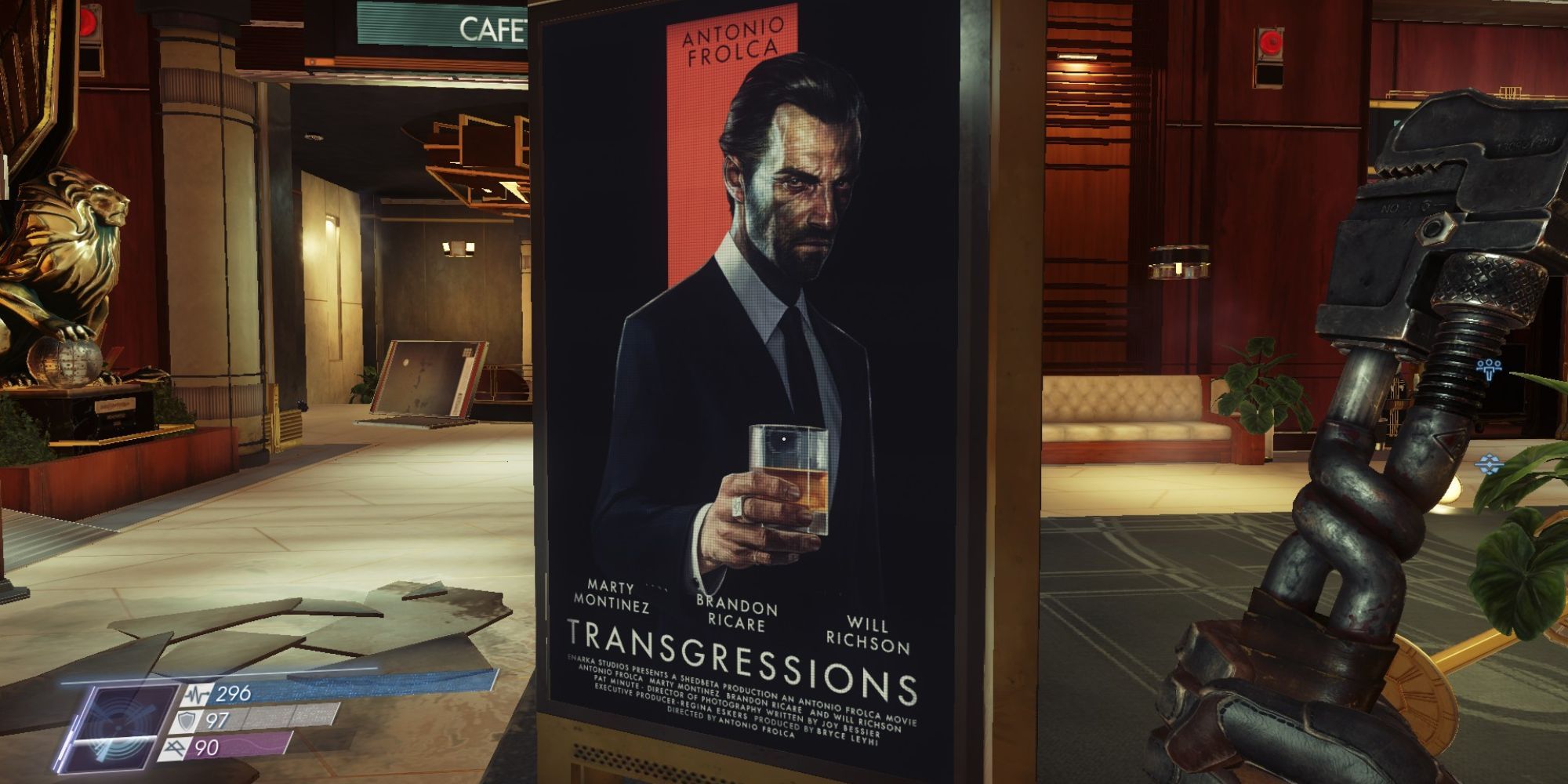 Movie poster in a lobby for a film titles Transgressions, man holding glass of whiskey