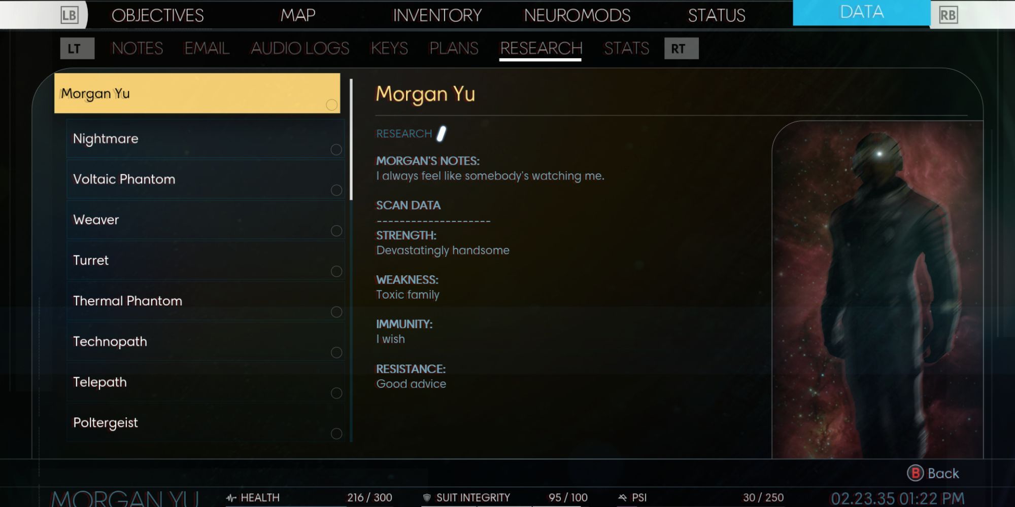 Morgan Yu analysis screen, humorous details written