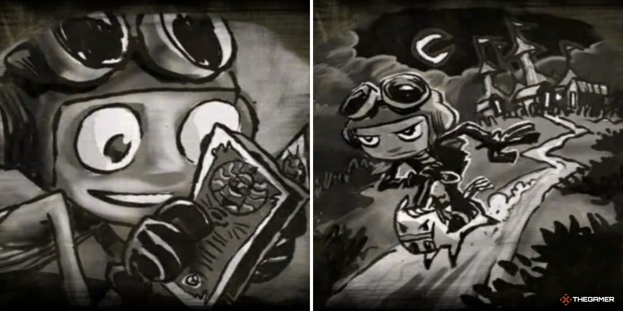Psychonauts - Memory Vault, Razputin's Getaway (Raz reading a pamphlet for Psychonauts camp on left, Raz running away from the Circus on the Worlds Smallest Pony on right)