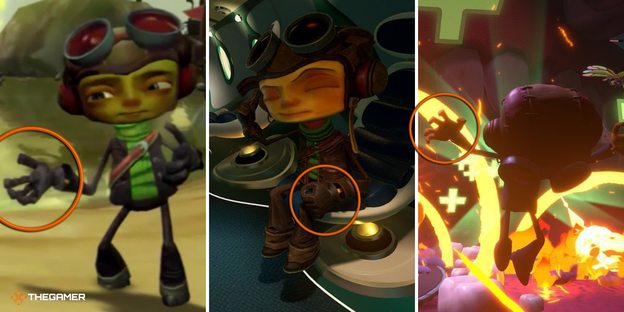 Psychonauts, images from Raz from all three games with the hands circled