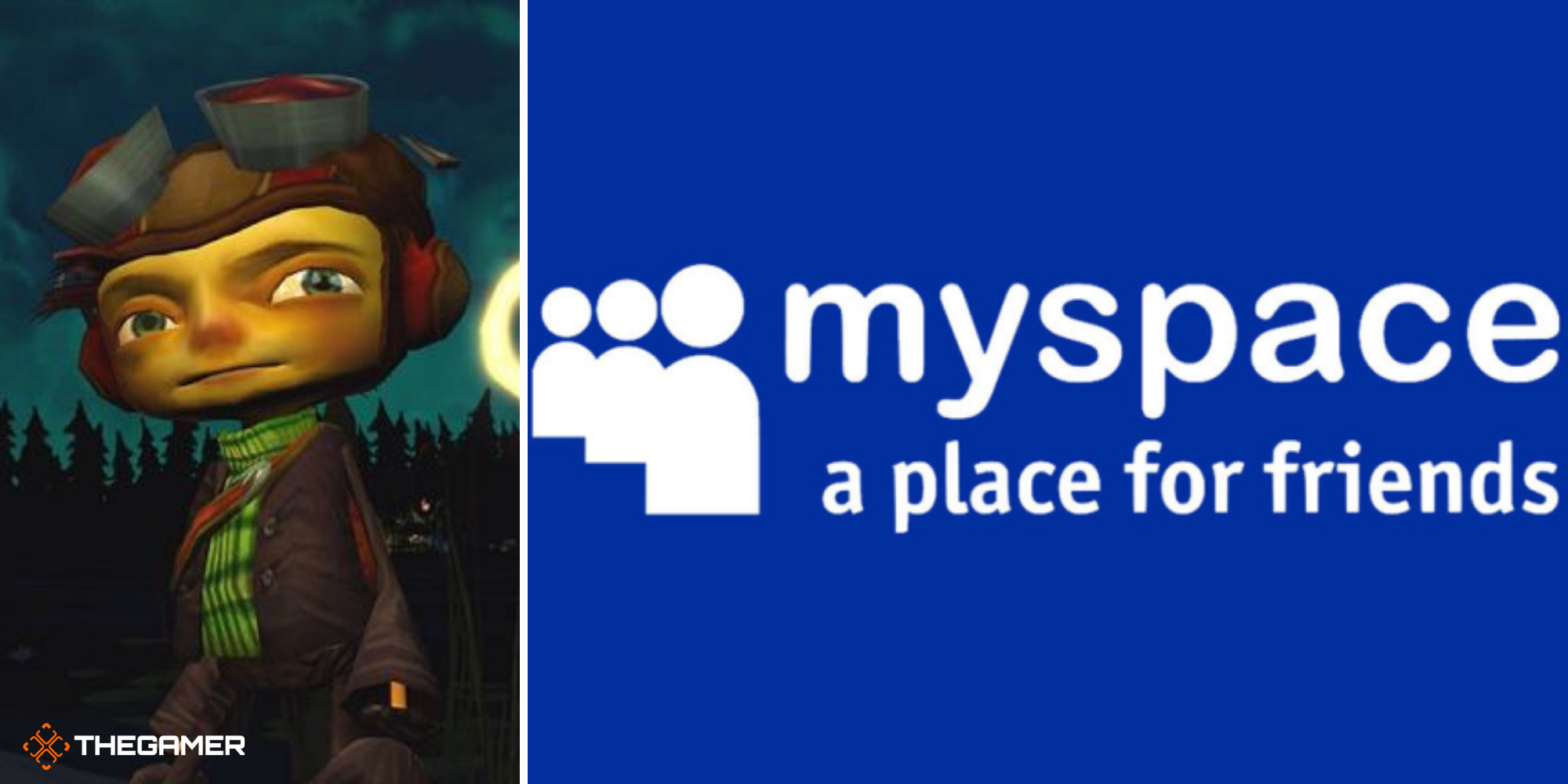 Psychonauts split image - Razputin at night on left, myspace logo on right