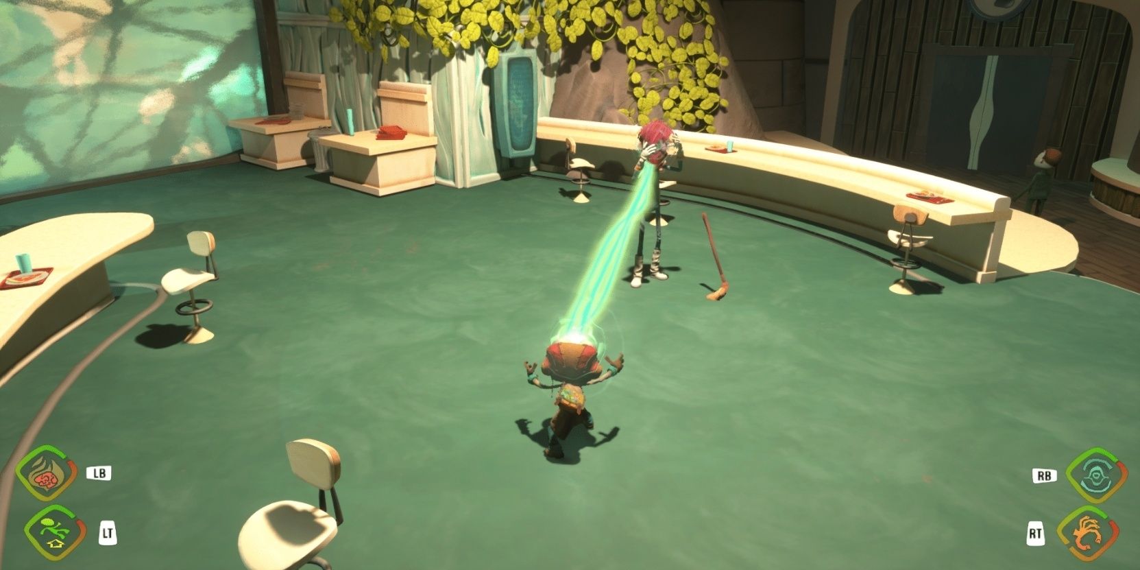 Raz using Clairvoyance on a janitor in Psychonauts 2