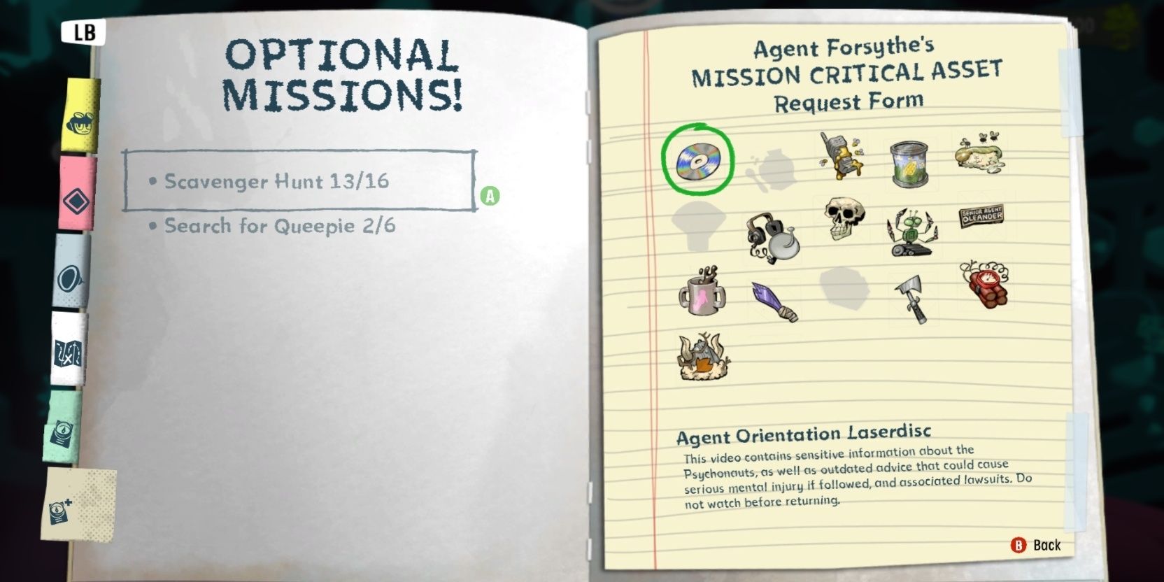 A look at the items needed in the scavenger hunt in Psychonauts 2