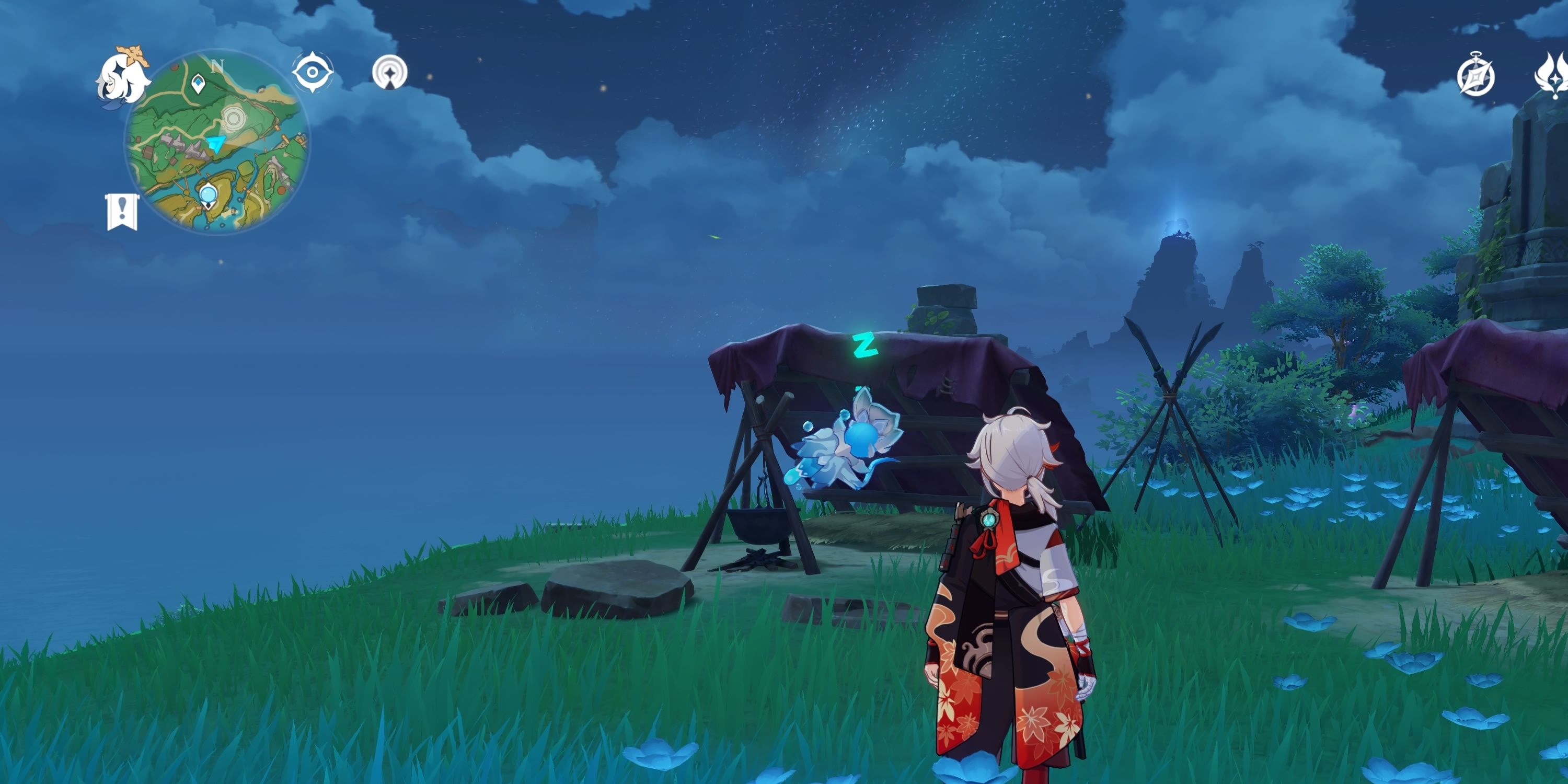 Character standing on hill with tents by a cliff
