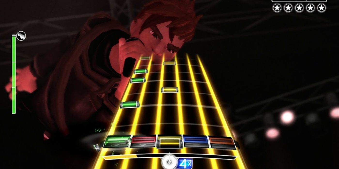 Guitar notes come down the screen as the singer sings Train Kept A Rollin