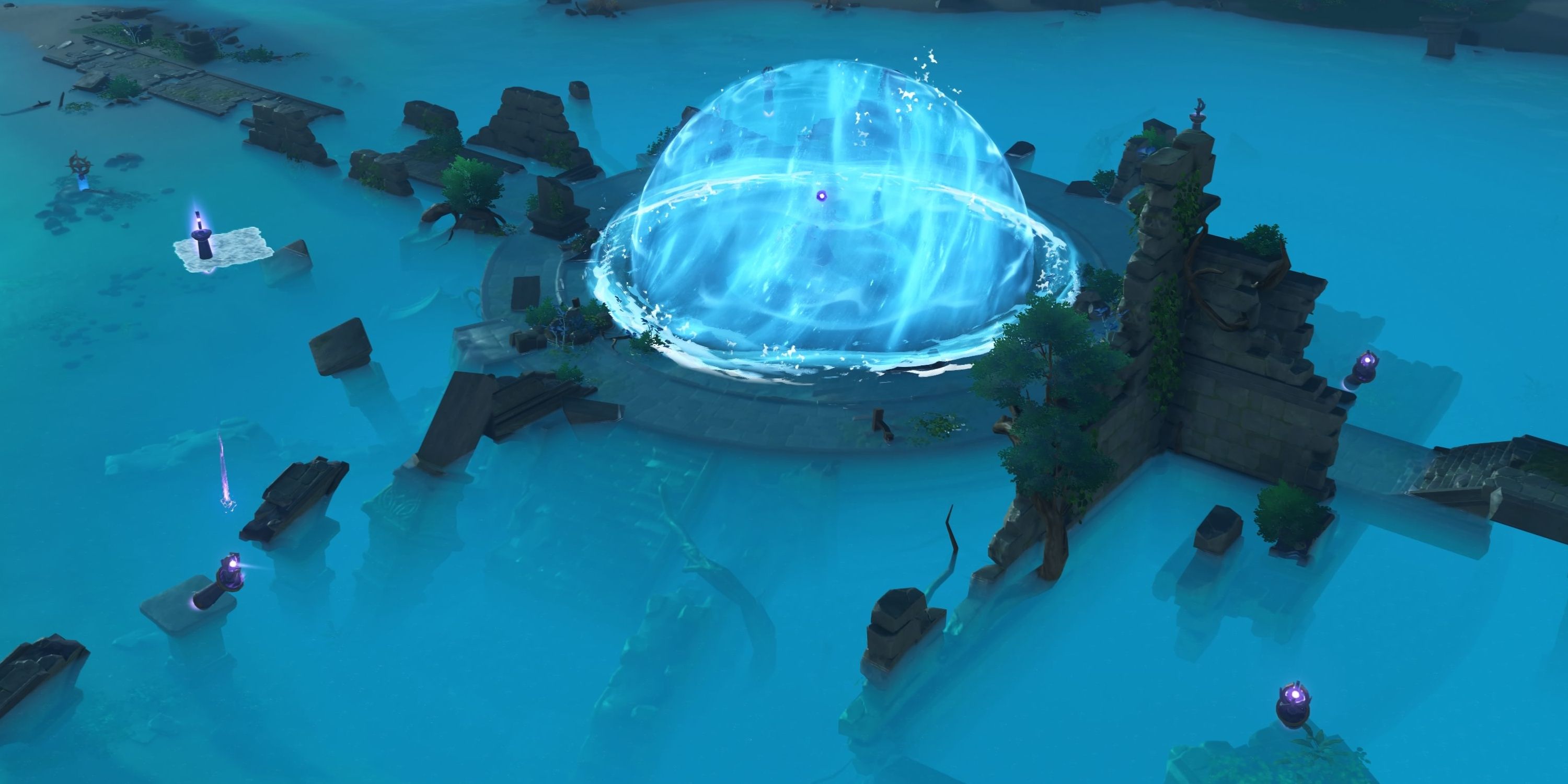 Large ruins flooded in water, spherical force field forming at centre