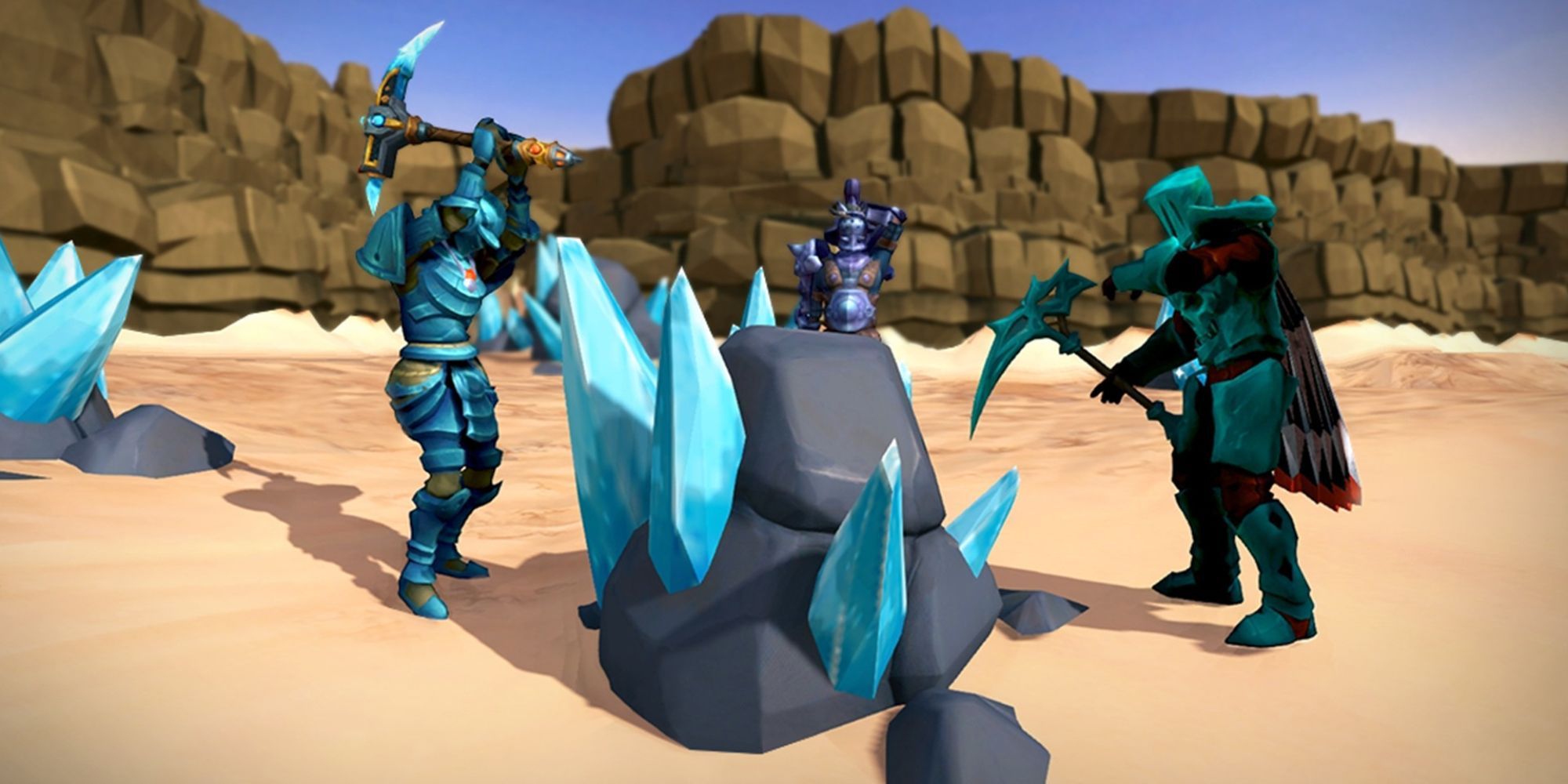 Three characters with armor mining a rock with lightblue crystals on a desert.