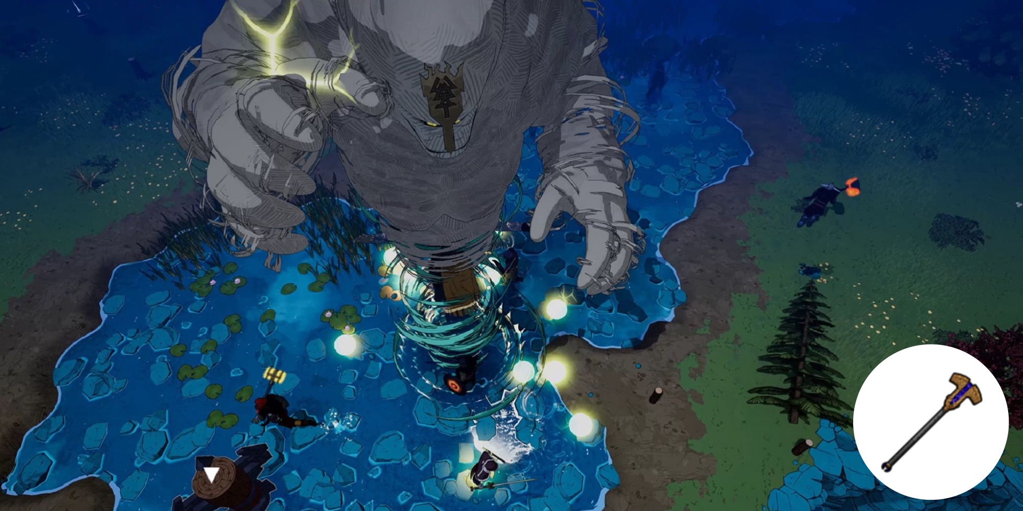 A screenshot of Tribes of Midgard featuring the player fighting a storm giant in a river