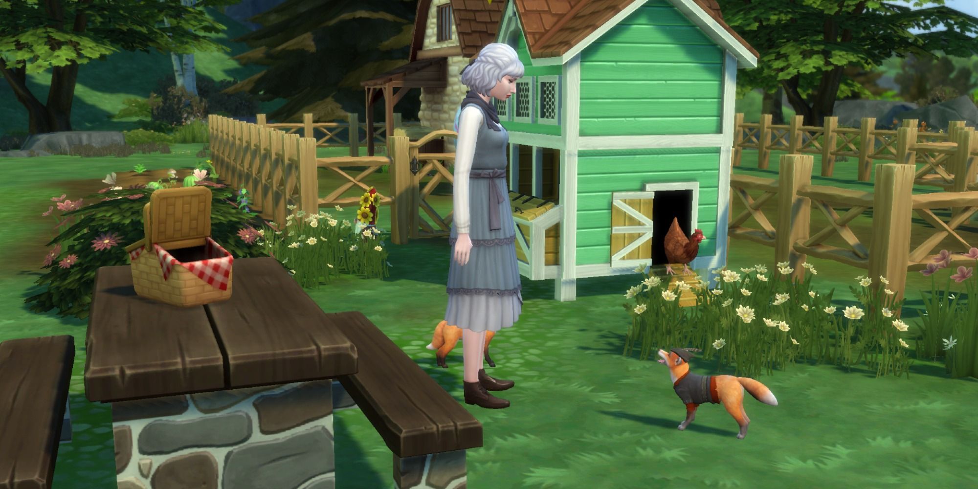 Sims 4 Sim standing by picnic table with animals and grass