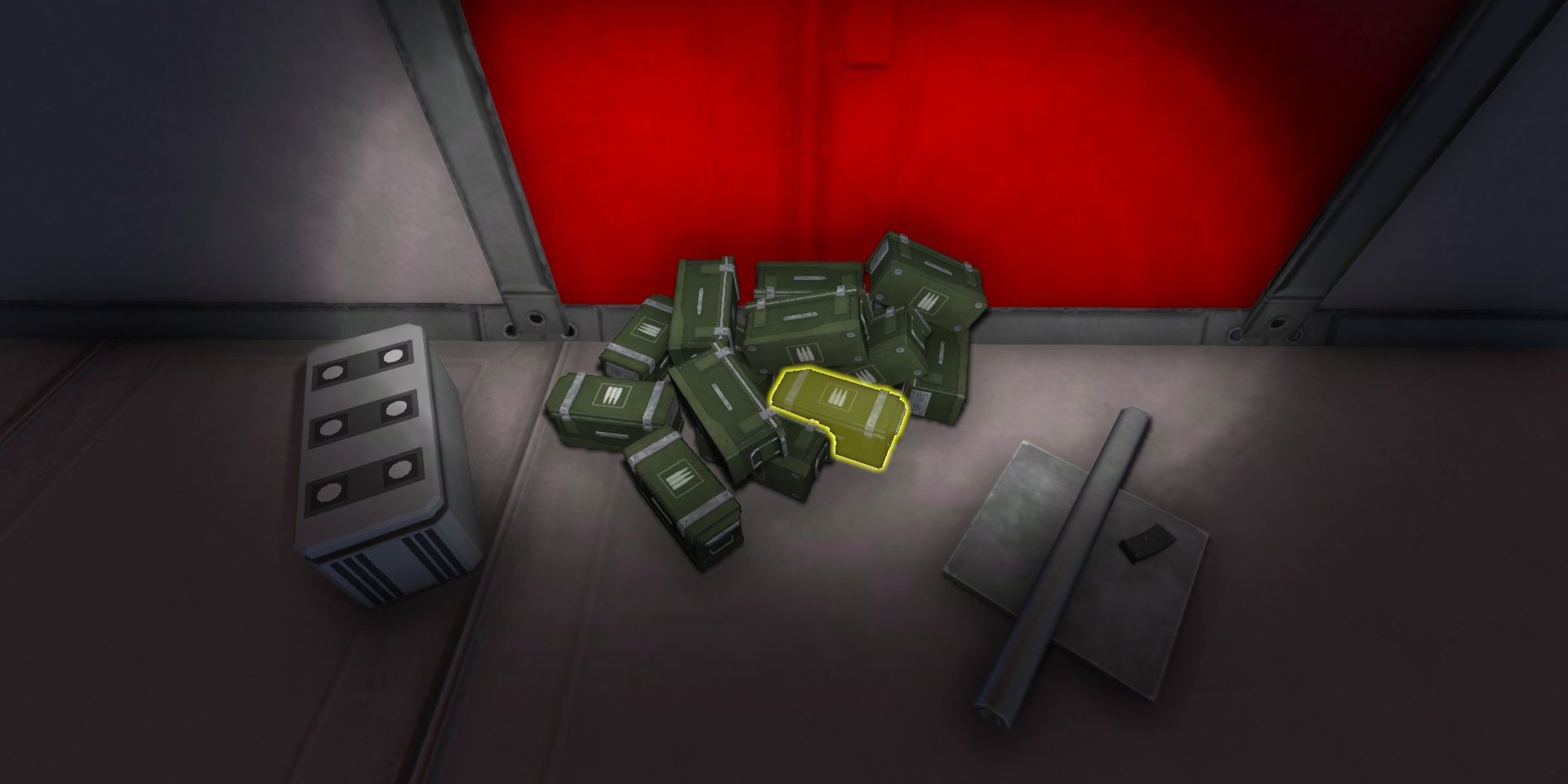 Space Engineers a pile of ammunition containers being illuminated by a flashlight.
