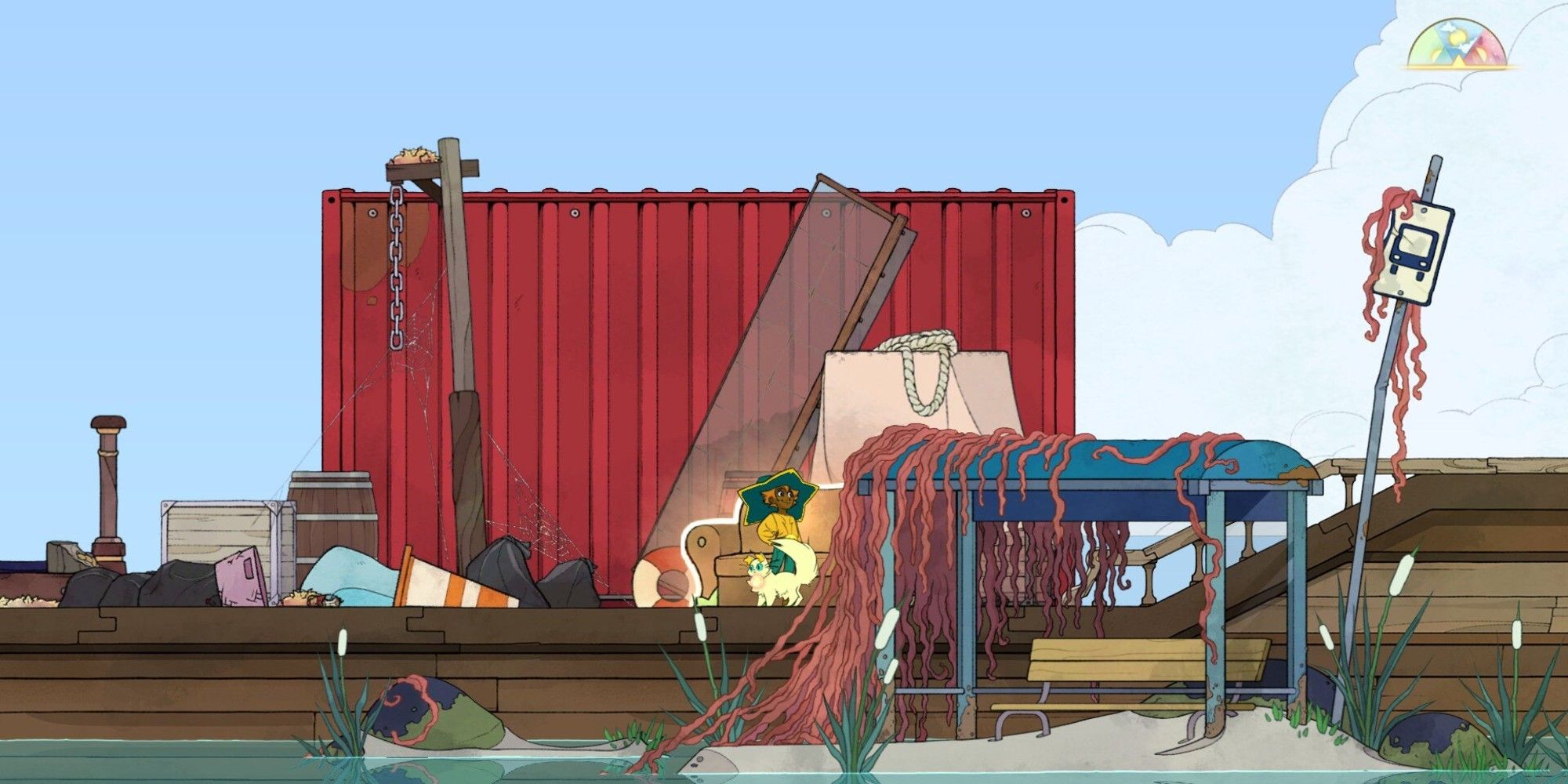 stella standing on ship next to a bus stop