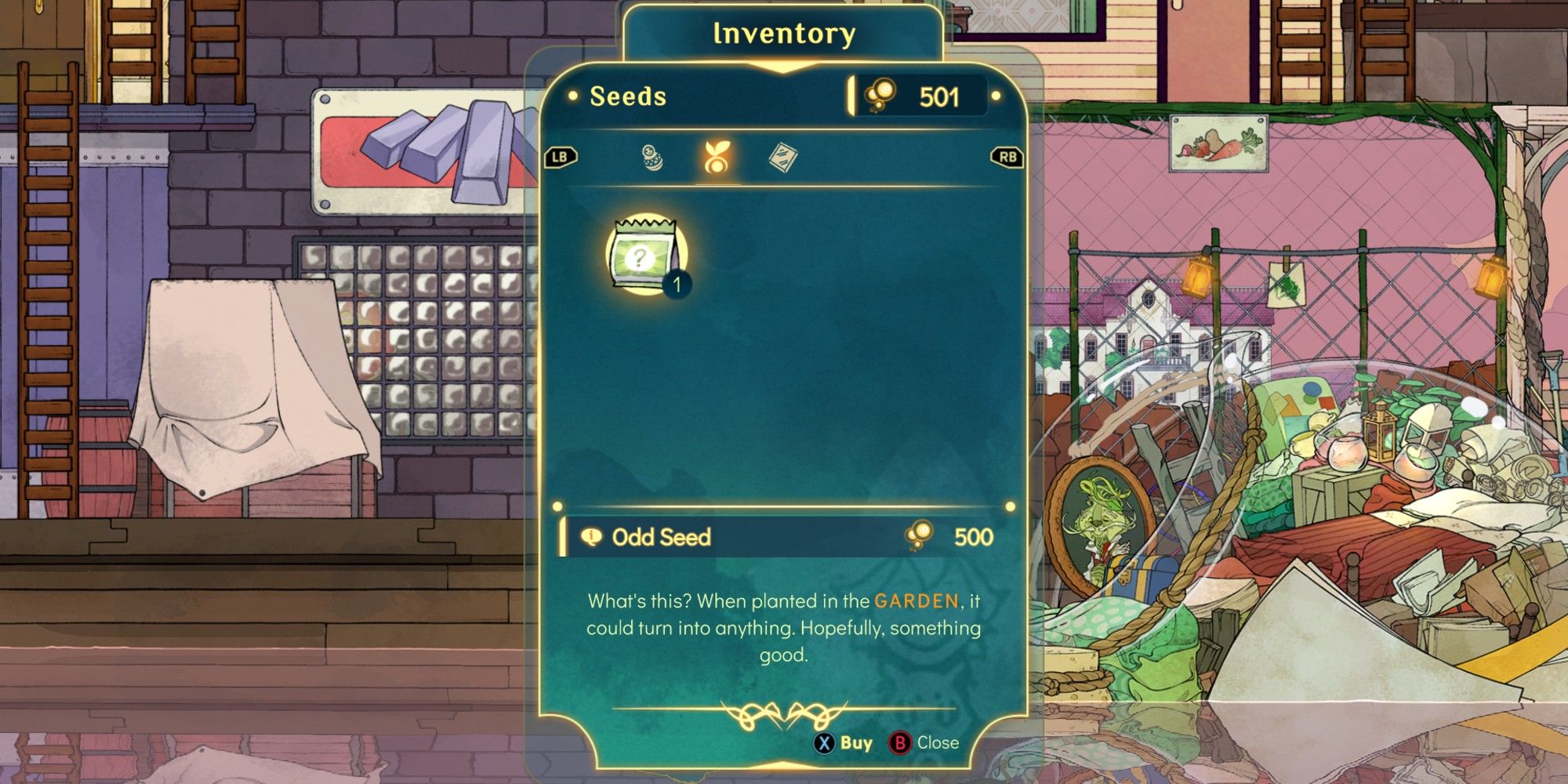 stella interacting with the wandering merchant, looking at odd seed for sale