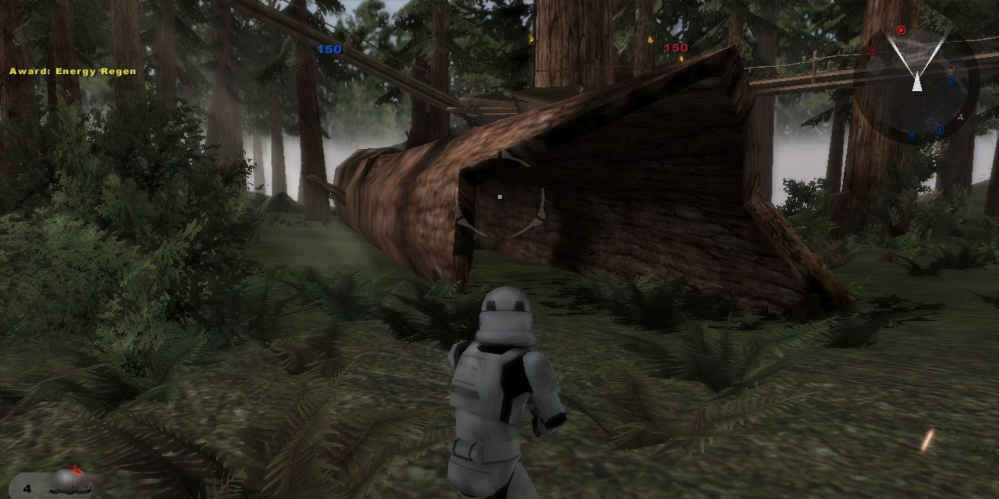 A Storm Trooper checks a giant log for Rebels on Endor in Star Wars Battlefront 2 (2005)