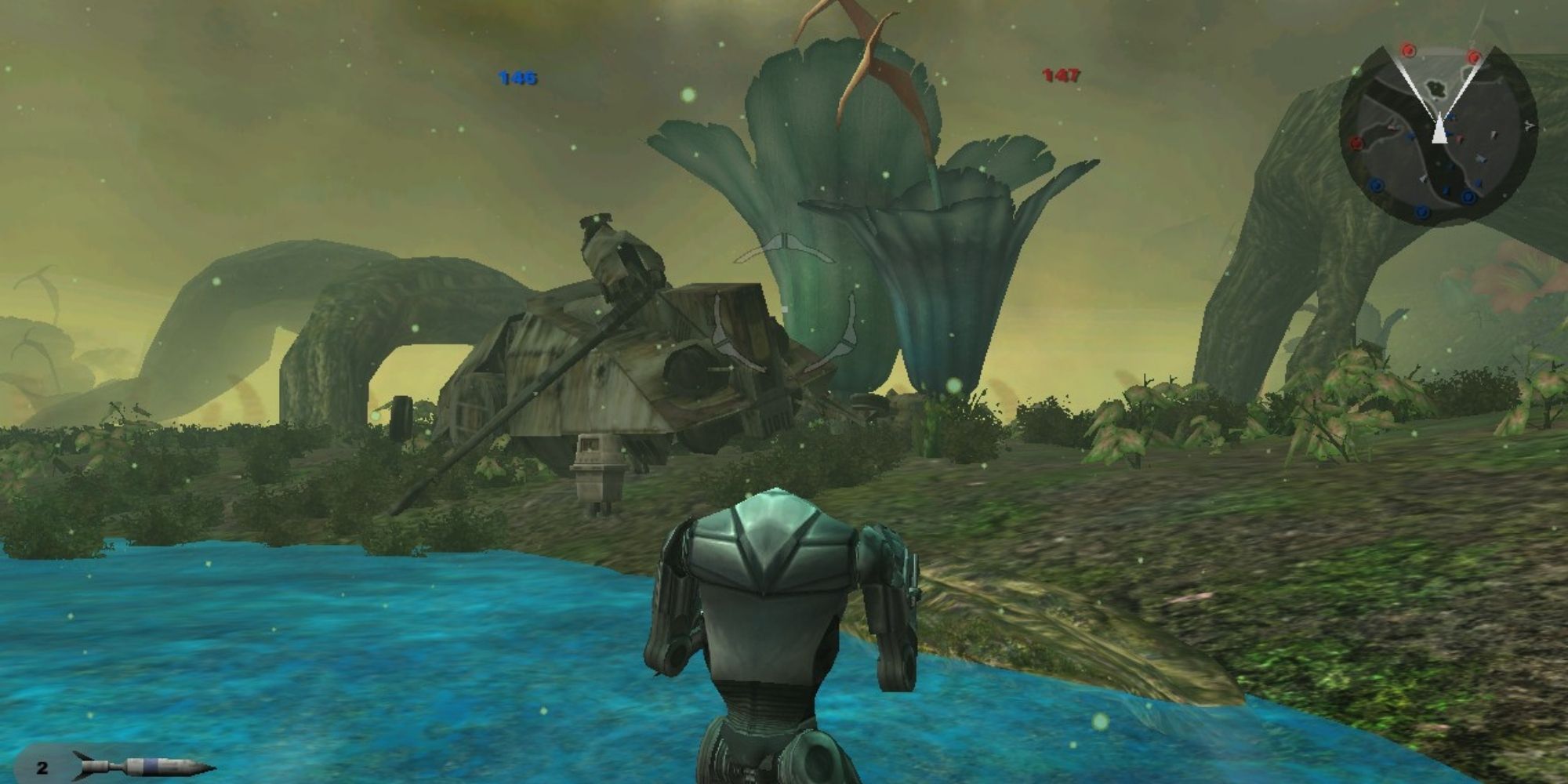 A Super Battle Droid inspects a ruined AT-TE on Fulucia in Star Wars Battlefront 2 (2005)