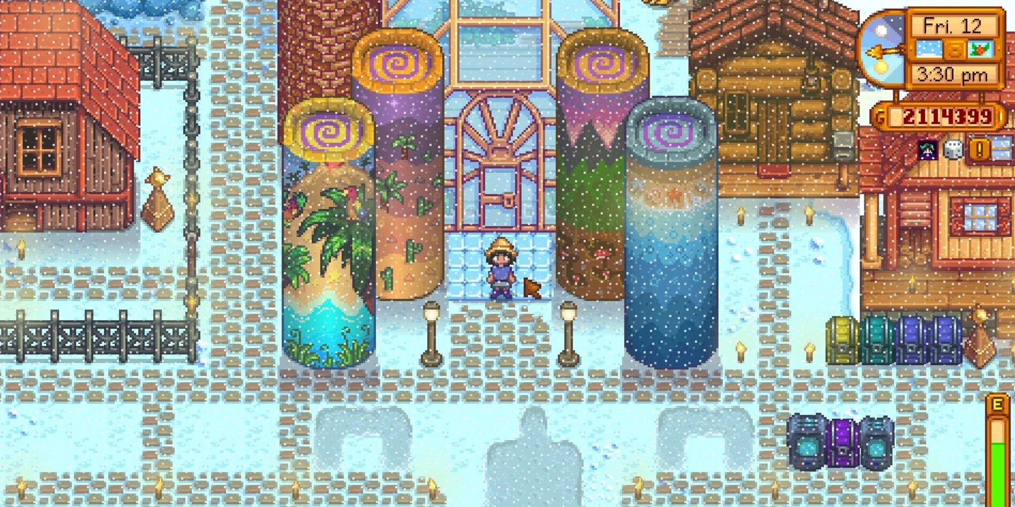 player standing next to all four obelisks