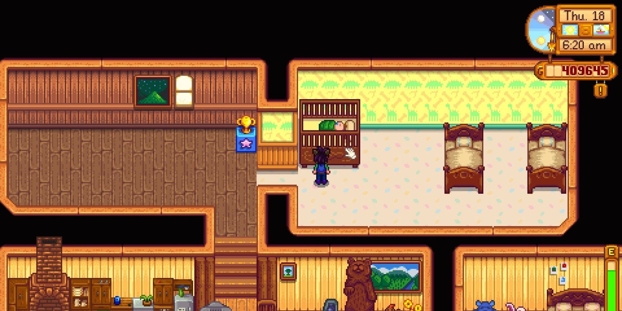 player standing next to baby crib in farmhouse