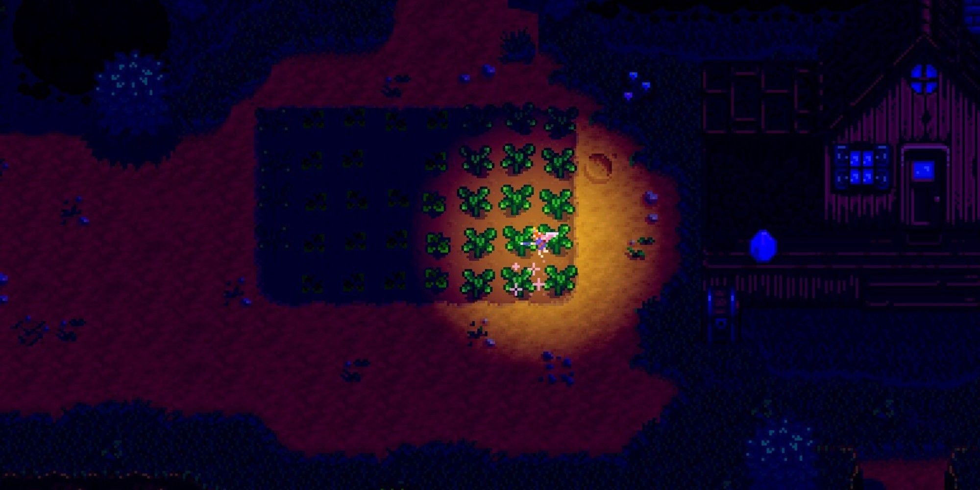 crop fairy visiting players farm at night