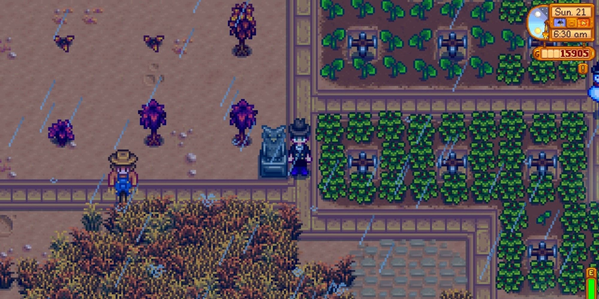 player standing next to stone owl on farm