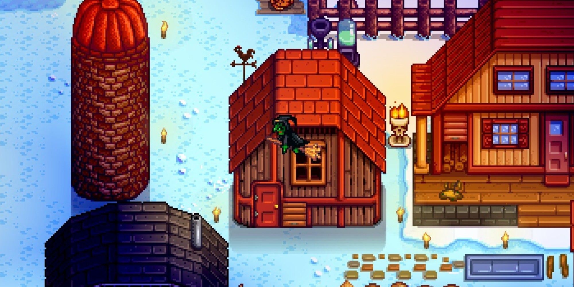 witch flying over farm during the winter