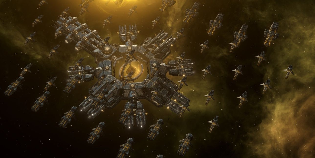 A large fleet surrounding a central habitat in Stellaris.