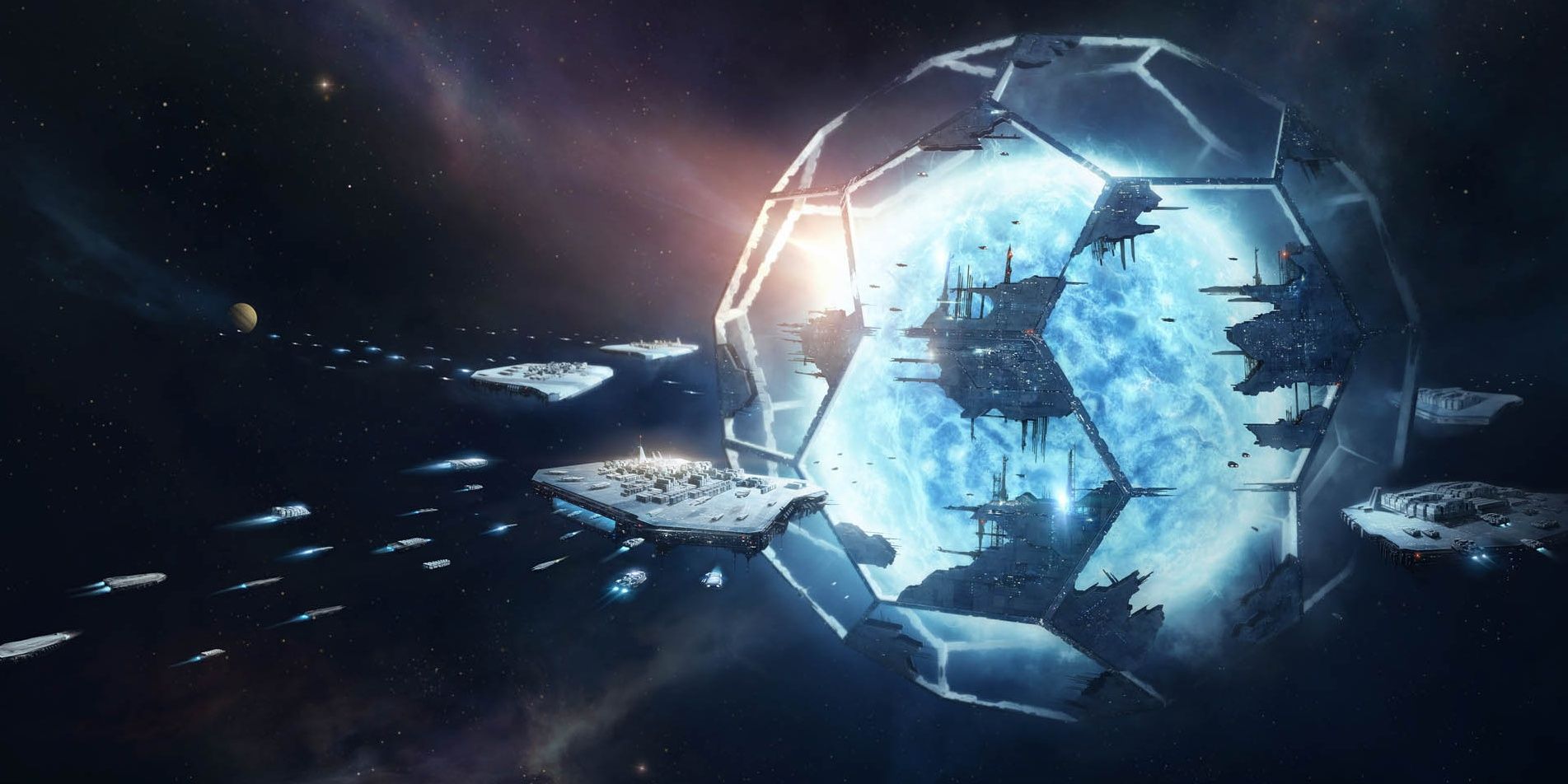 A large habitat in Stellaris surrounded by many spaceships.