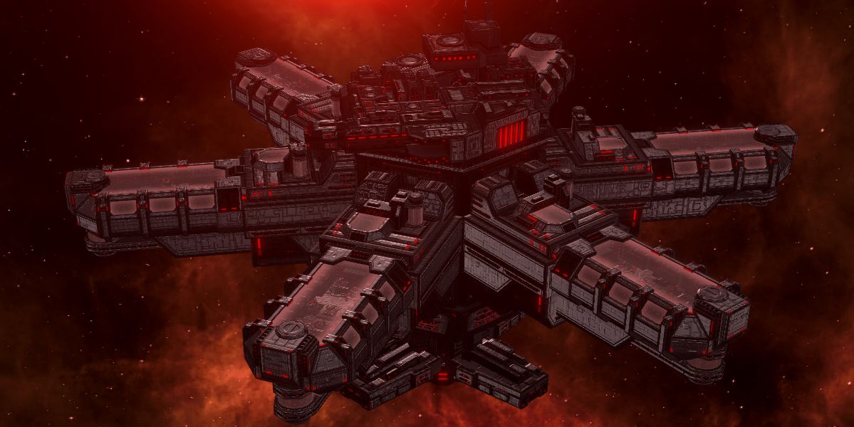 A large Habitat in Stellaris with a red background.