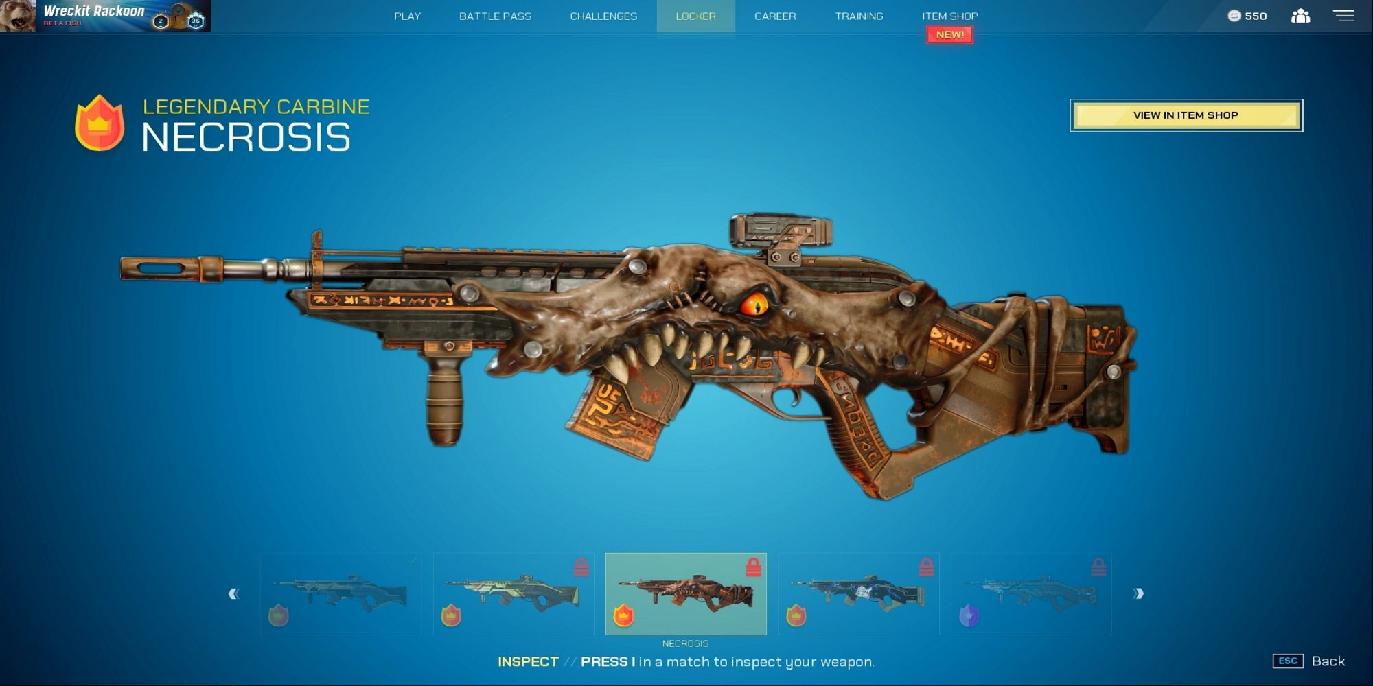 The legendary Carbine Necrosis skin from Splitgate