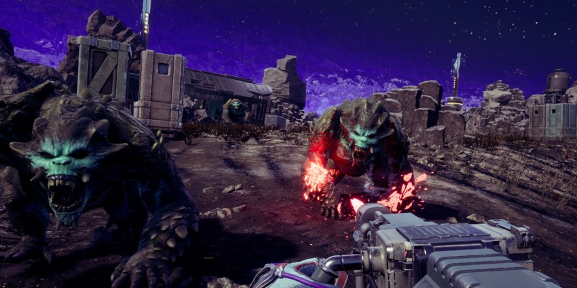 The Outer Worlds Screenshot Of Big Weapon Used on creature running at player