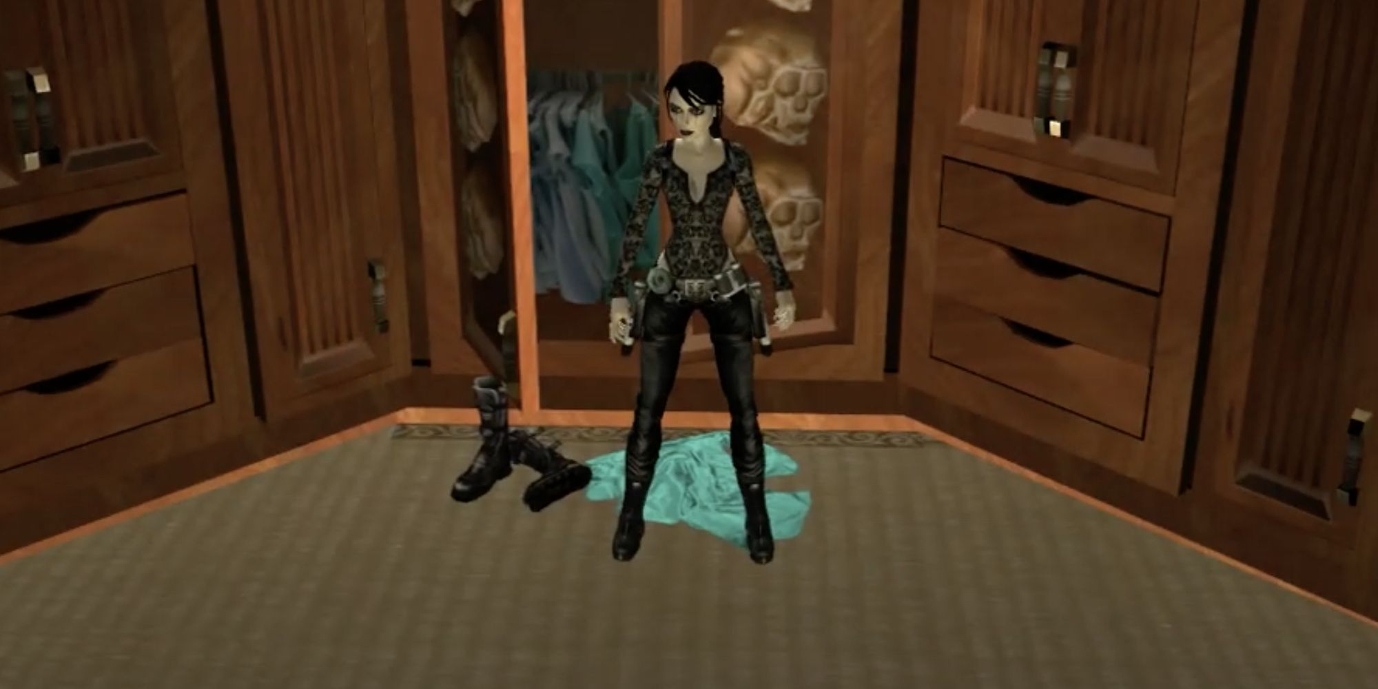 Lara donning her Goth, Lace Shirt outfit in Tomb Raider Legend.