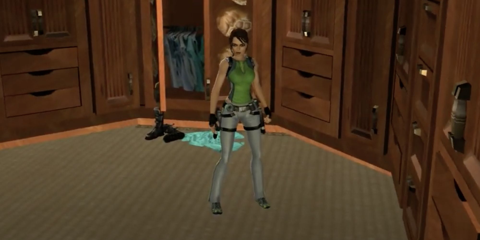 Lara donning her Sport, Green outfit in Tomb Raider Legend.