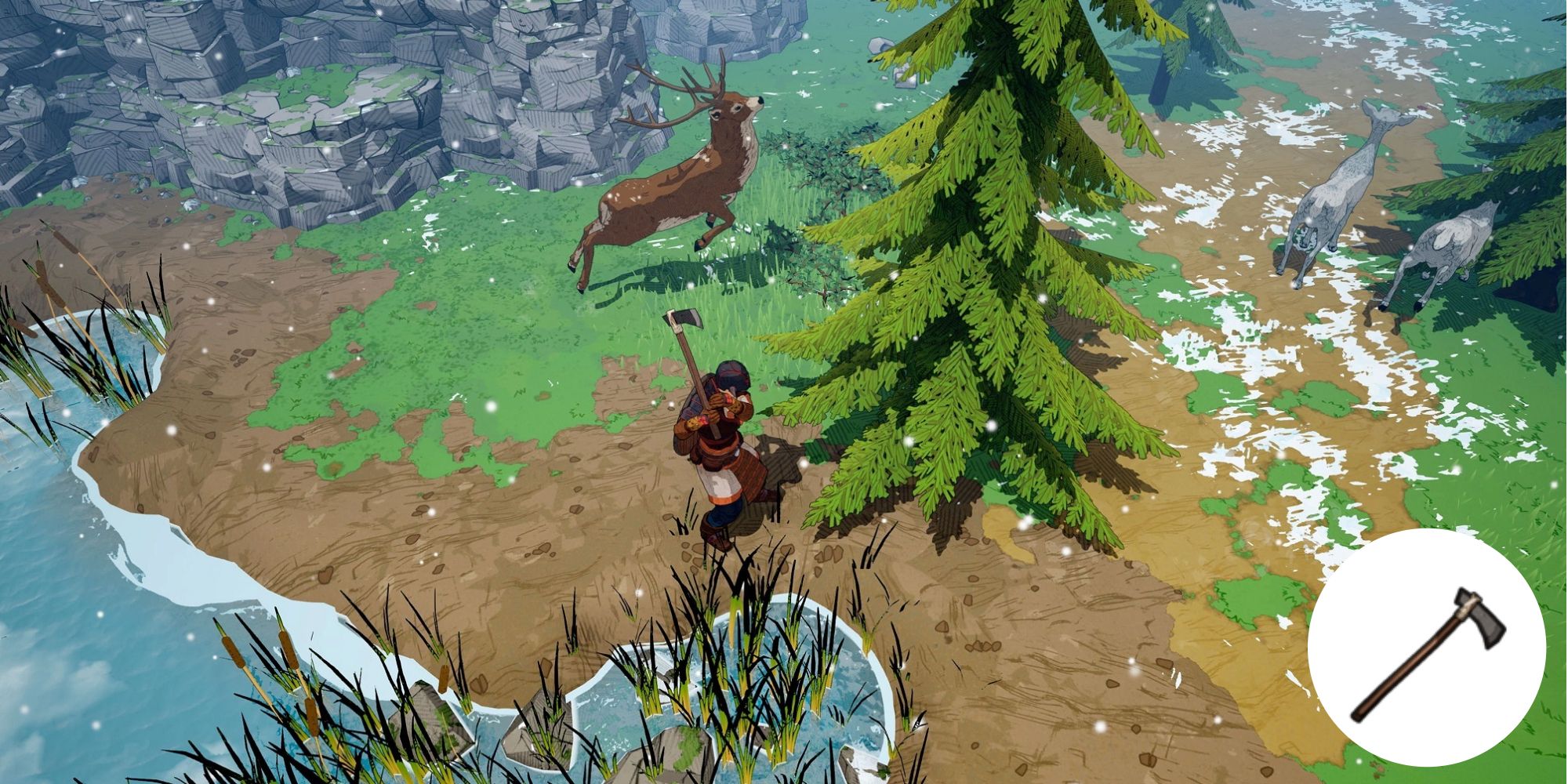 A viking chopping down a lone tree with a deer prancing over grass in the background