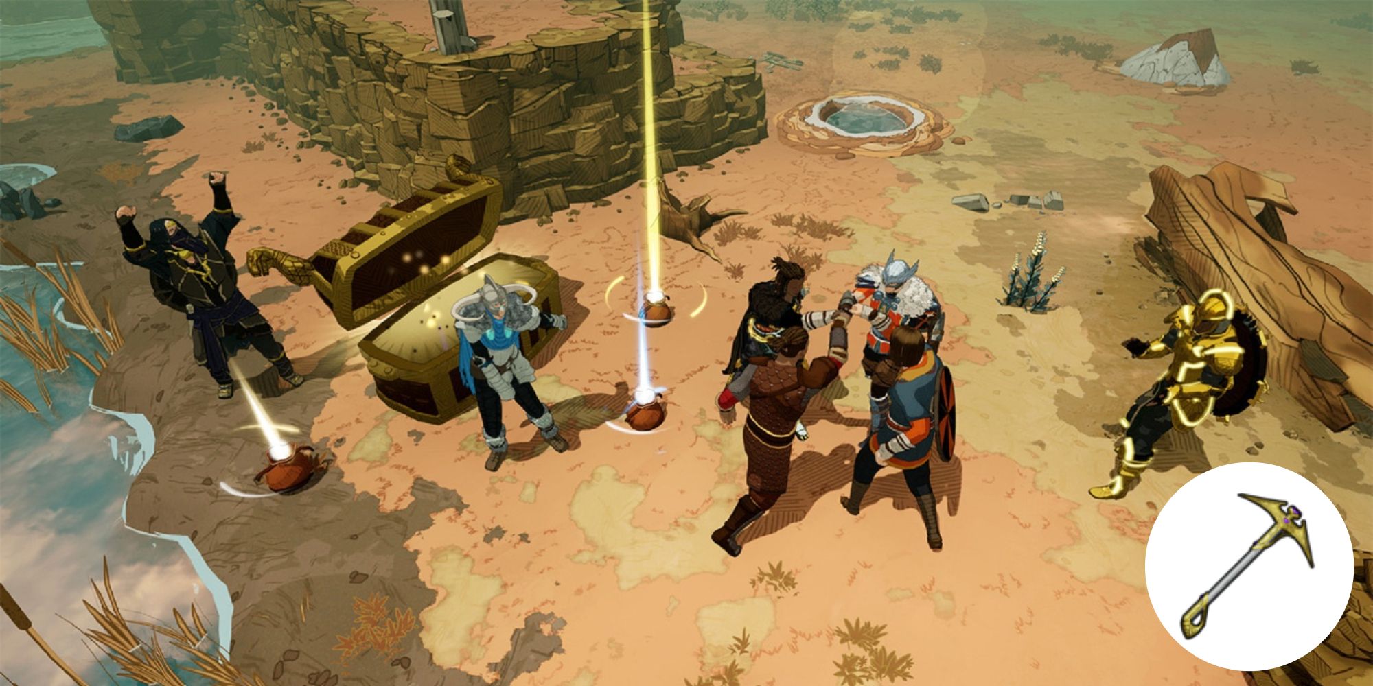 A group of vikings standing by the water celebrating victory over loot and a treasure chest 