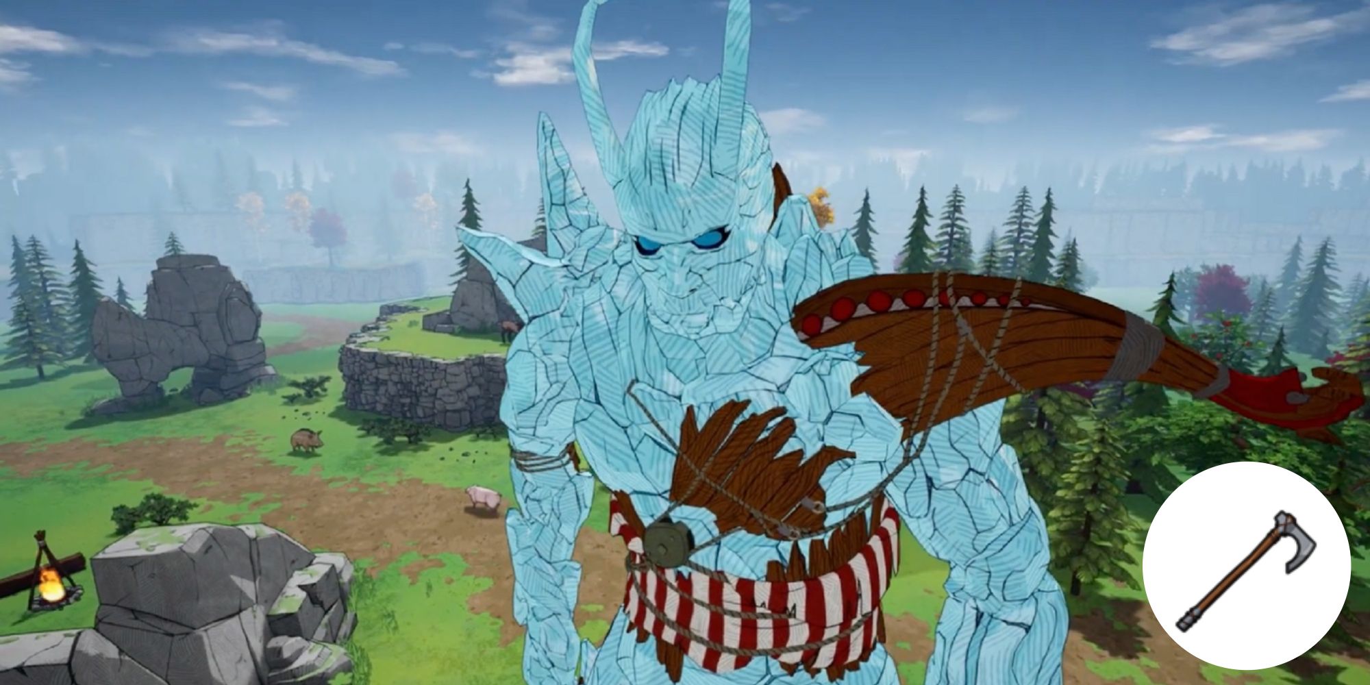 An ice giant looming tall over a dirt road with fog and many pine trees in background