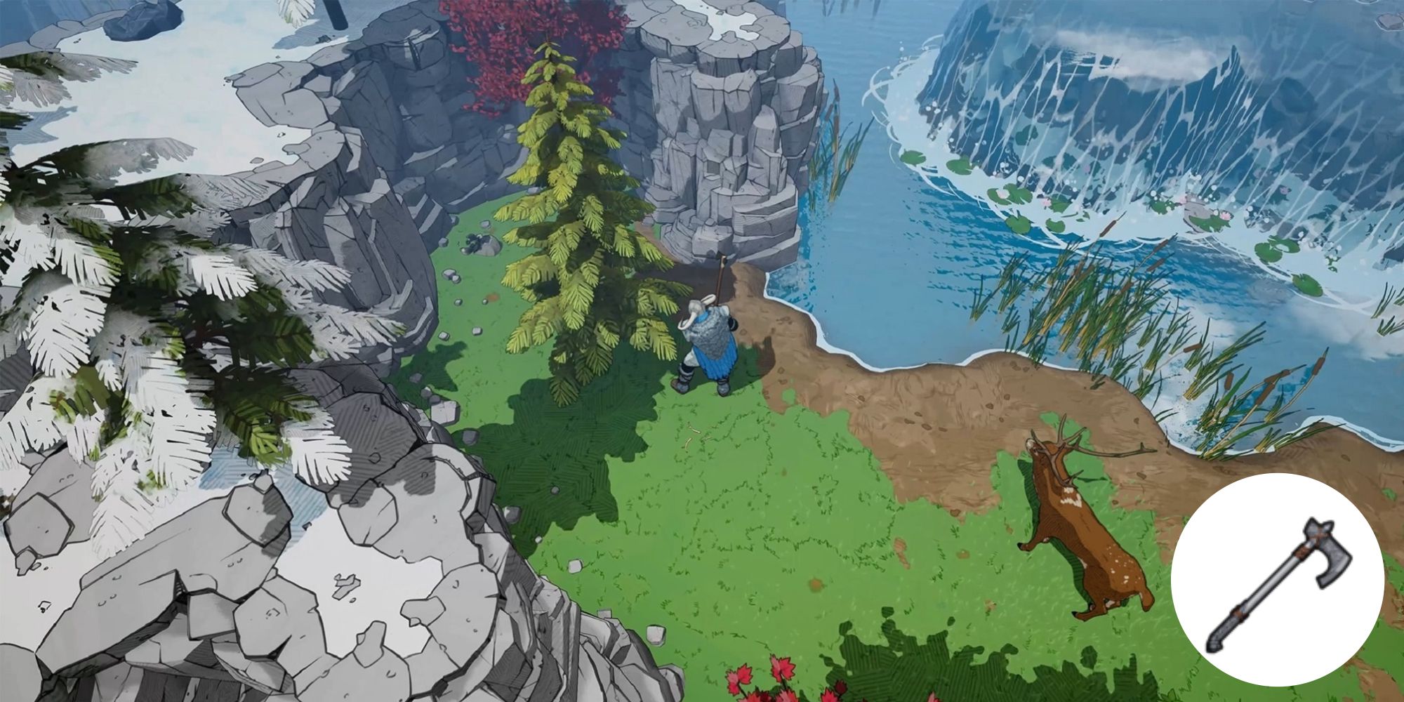 A viking chopping down a lone tree in front of a cliff with a deer standing over grass in forground and a fjord in the background
