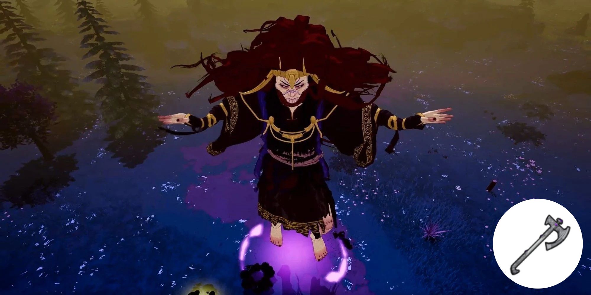 A witch standing and performing a ritual over a lake