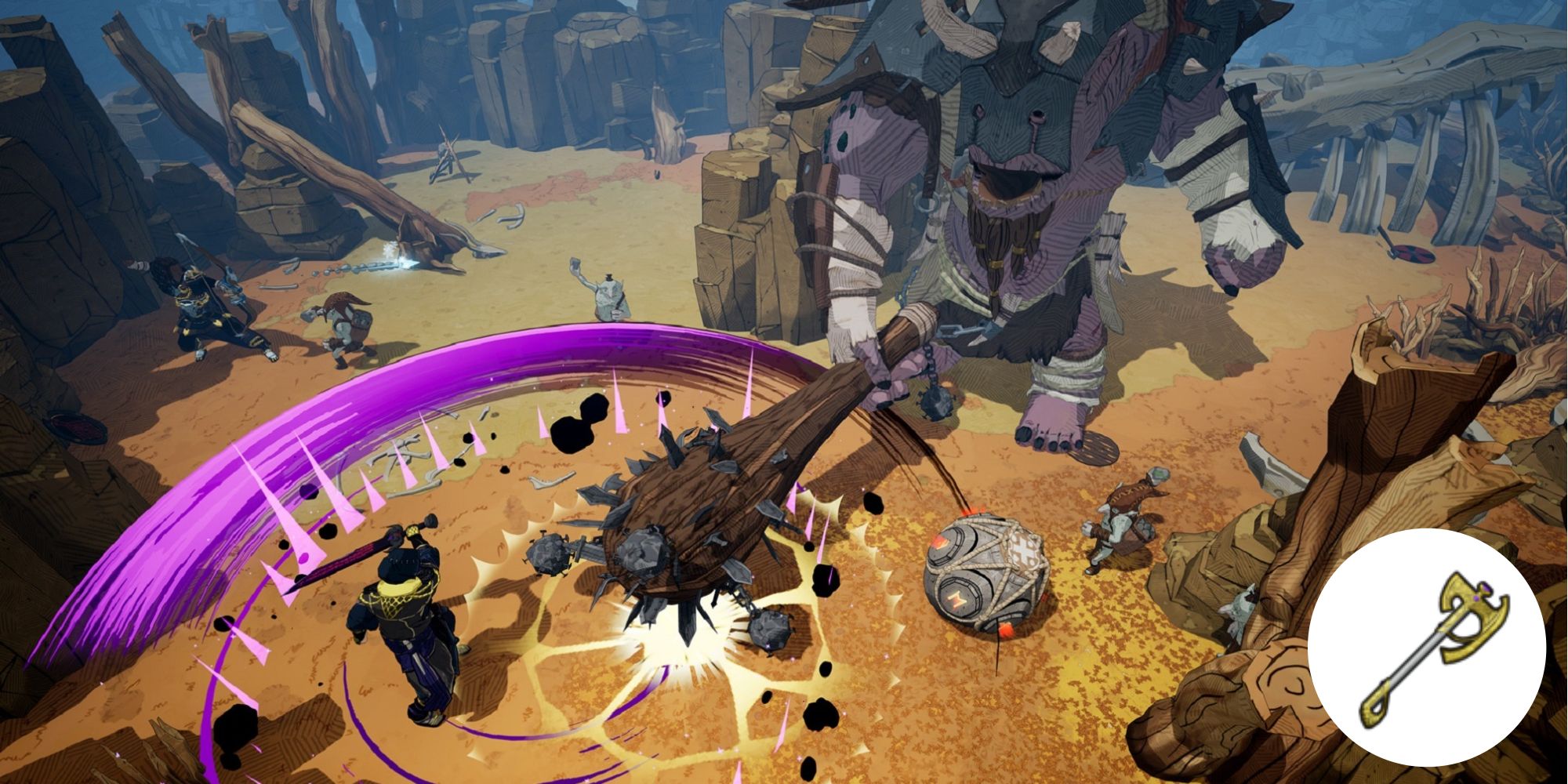 A stone giant attempting to smash a viking with a huge spiked club with badlands in the background
