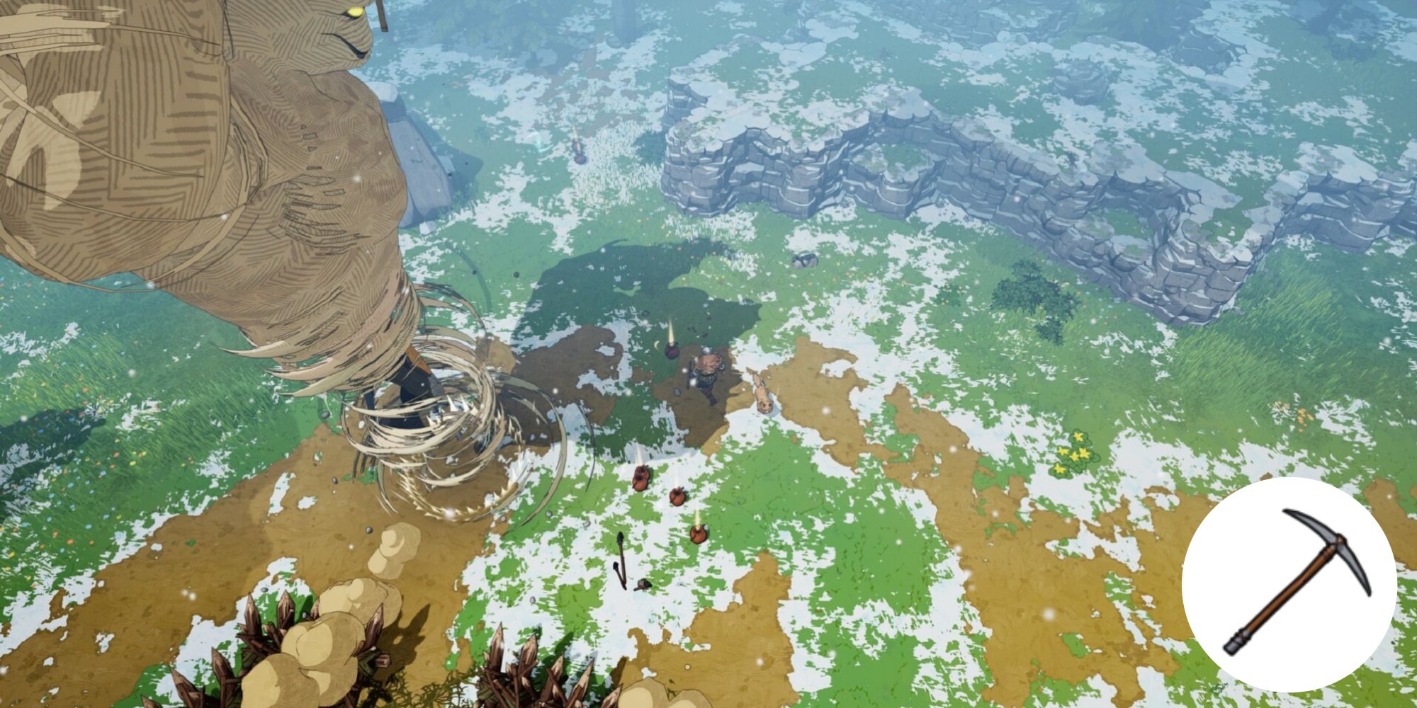 A storm giant looming over a viking standing on scattered snow over green grass