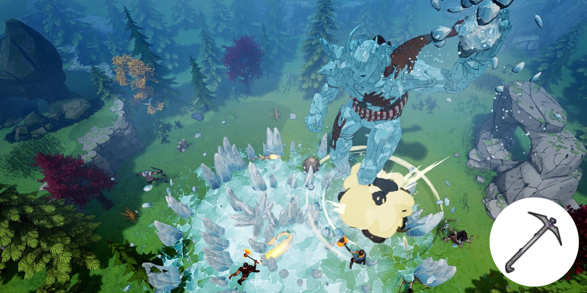 An ice giant attempting to crust a group of vikings in a fiorest clearing