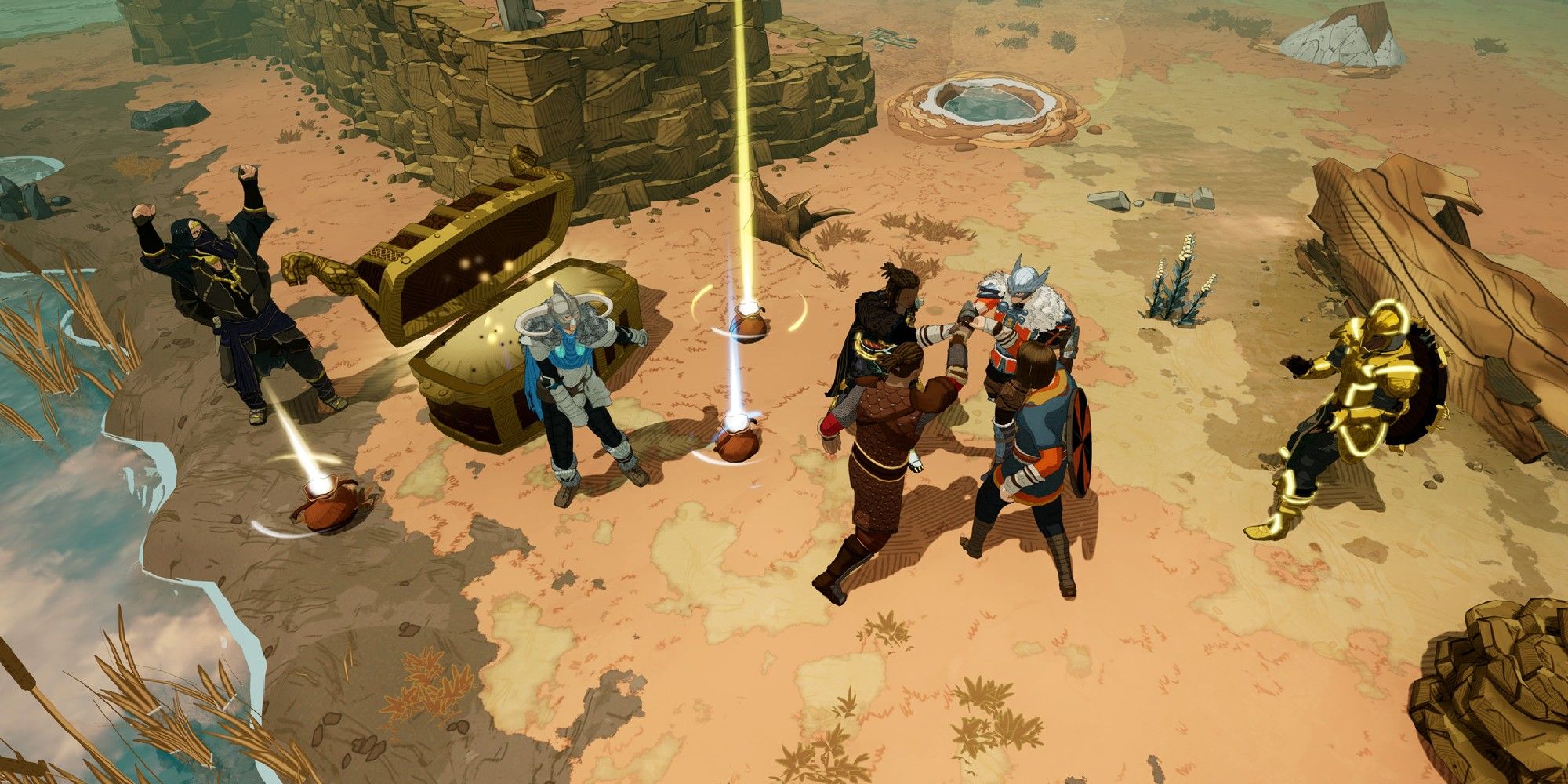 Tribes of Midgard Characters on sandy ground with open chest of loot